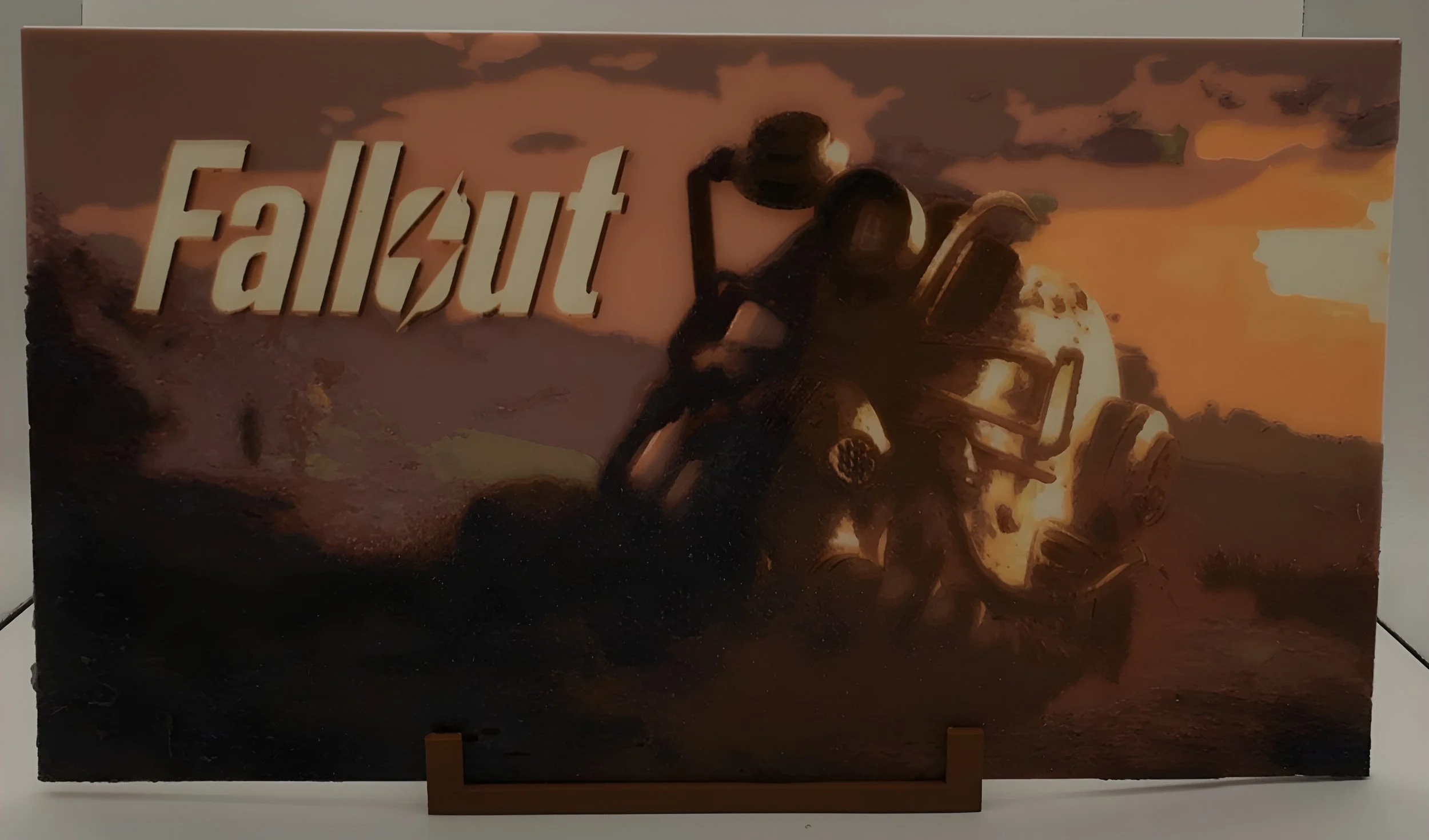 3D Print of Fallout art 

Glows when exposed to UV 
(Regular lighting)