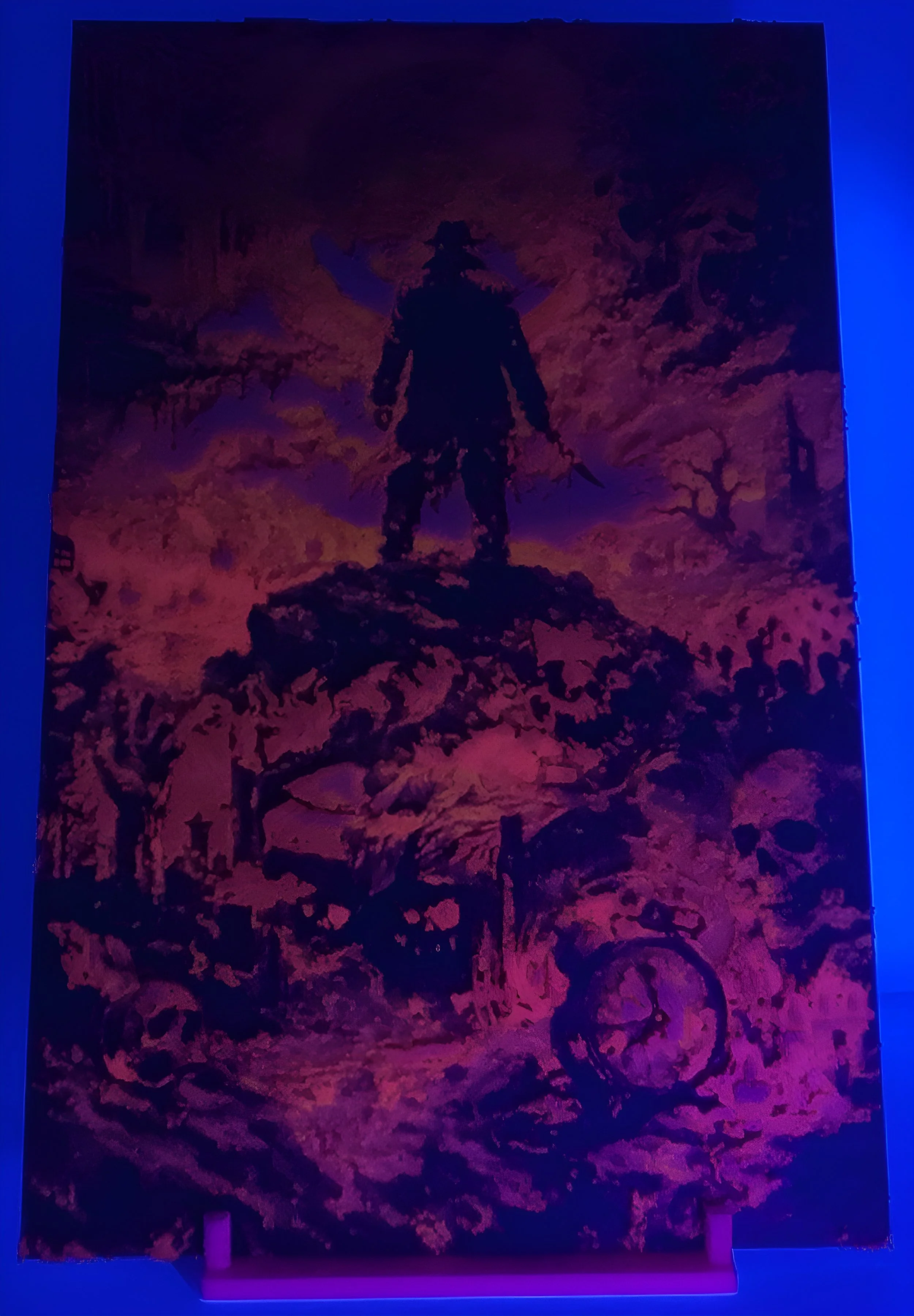 Hear the cheers, till death is near. On the hills he stands in thrill, waiting for the eager kill

Original Art. A Poem in Vision.

Glows when exposed to UV Light.
(UV Lighting)