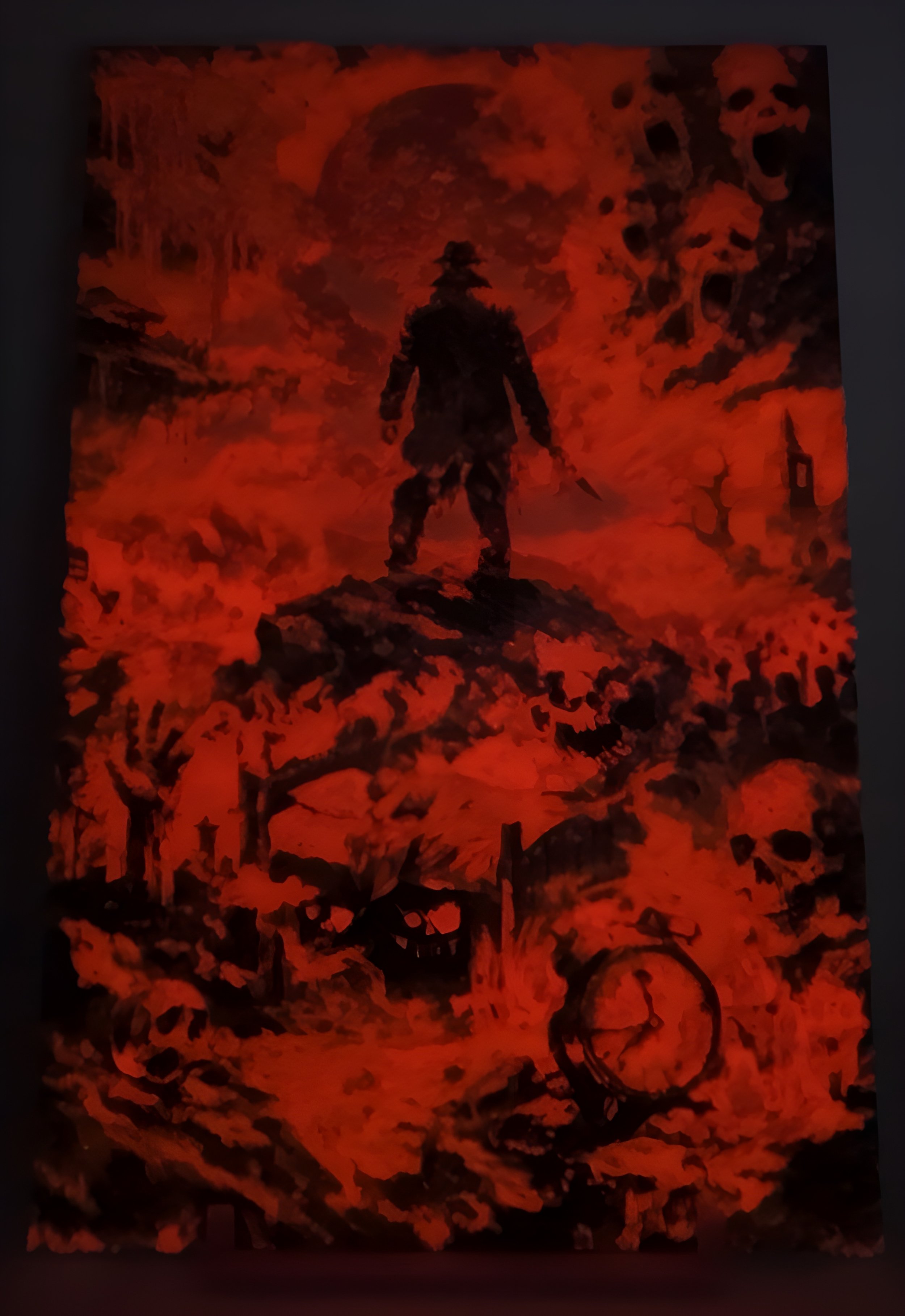 Hear the cheers, till death is near. On the hills he stands in thrill, waiting for the eager kill

Original Art. A Poem in Vision.

Glows when exposed to UV Light.
(No Lighting)