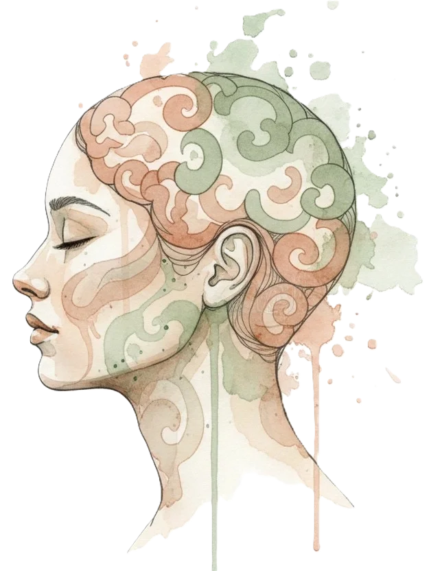 A watercolor illustration of a woman's profile with swirling colors within her hair, face, and neck, resembling a blend of art and natural elements.