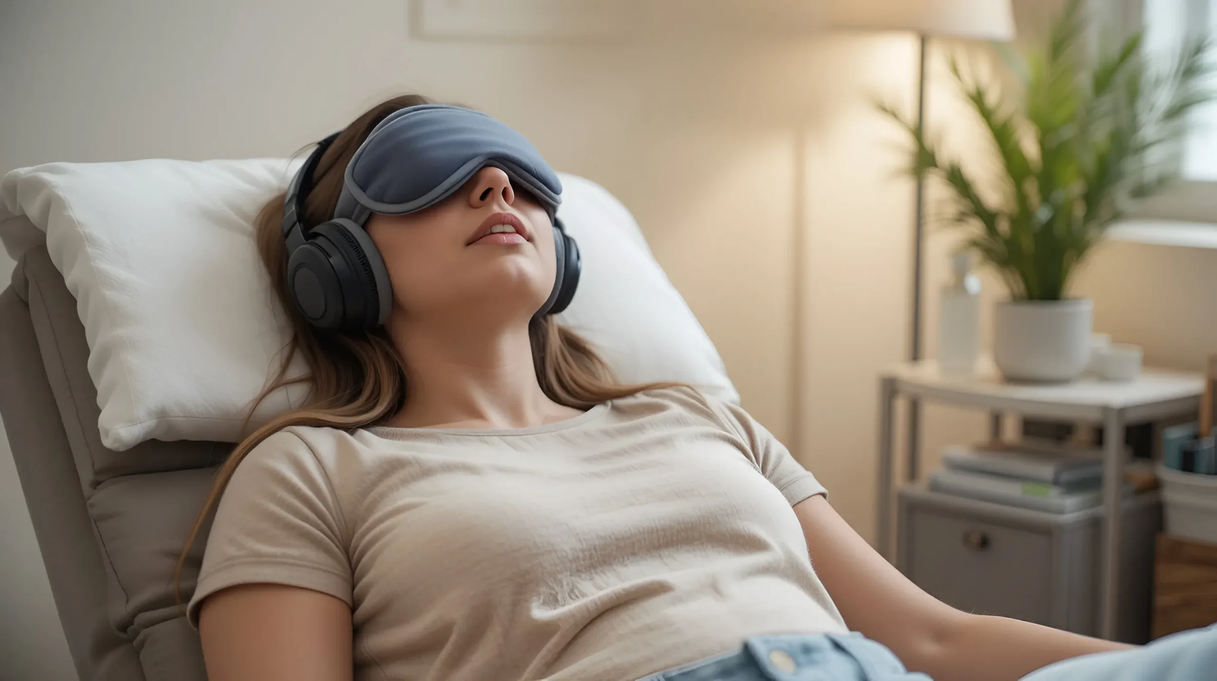A woman lying in bed with a pillow, wearing a sleep mask and over-ear headphones, appearing relaxed and resting.