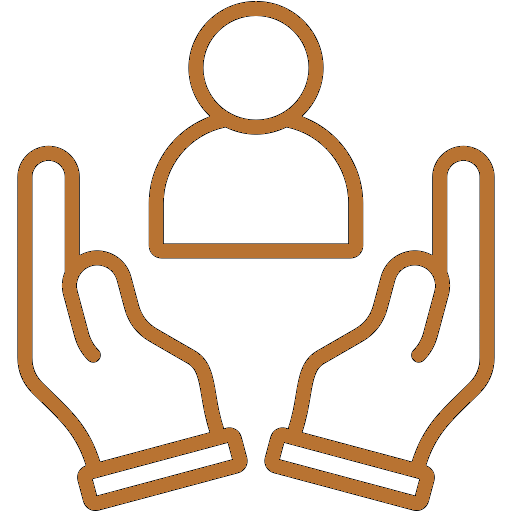 An outline of two hands holding a person icon.