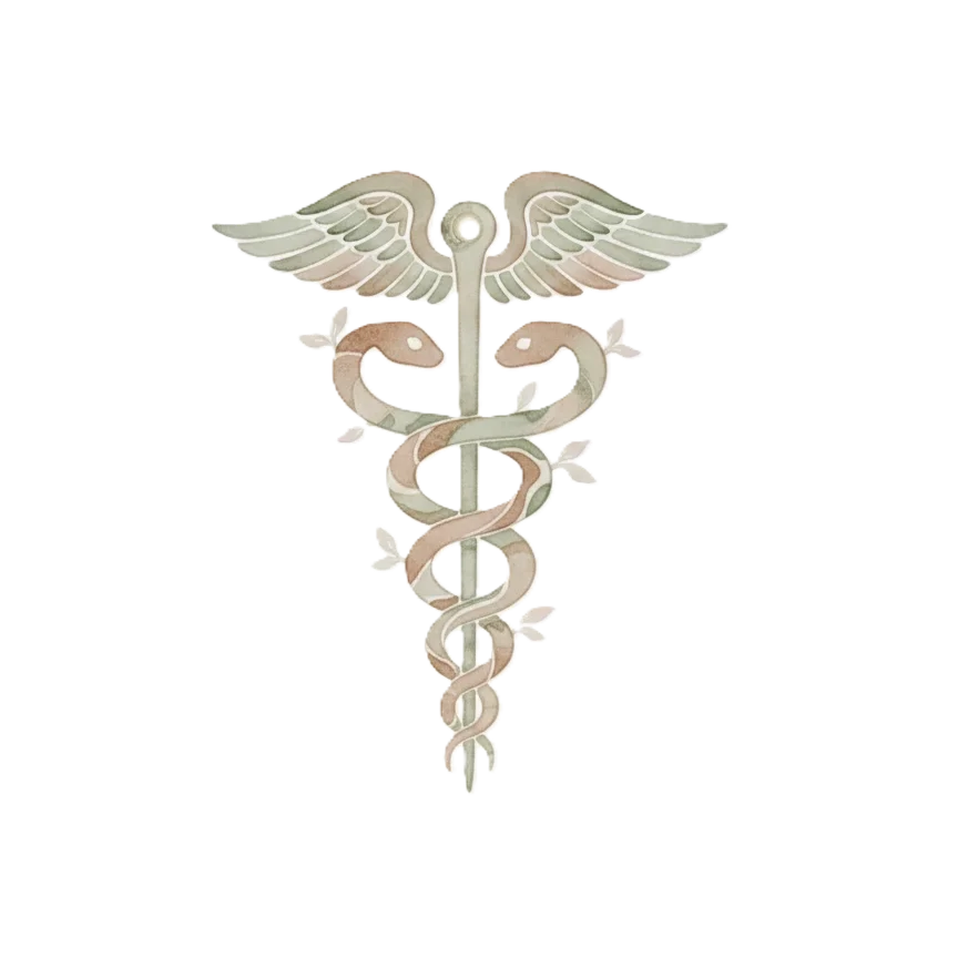 Medical caduceus symbol with two snakes wrapped around a staff, wings at the top.