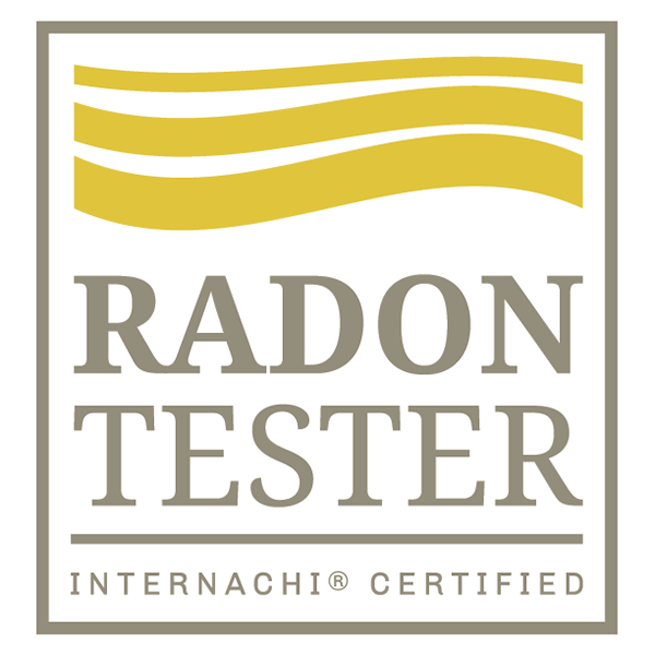 A label indicating Radon tester status, certified by Internachi, with a design of three wavy yellow lines at the top.