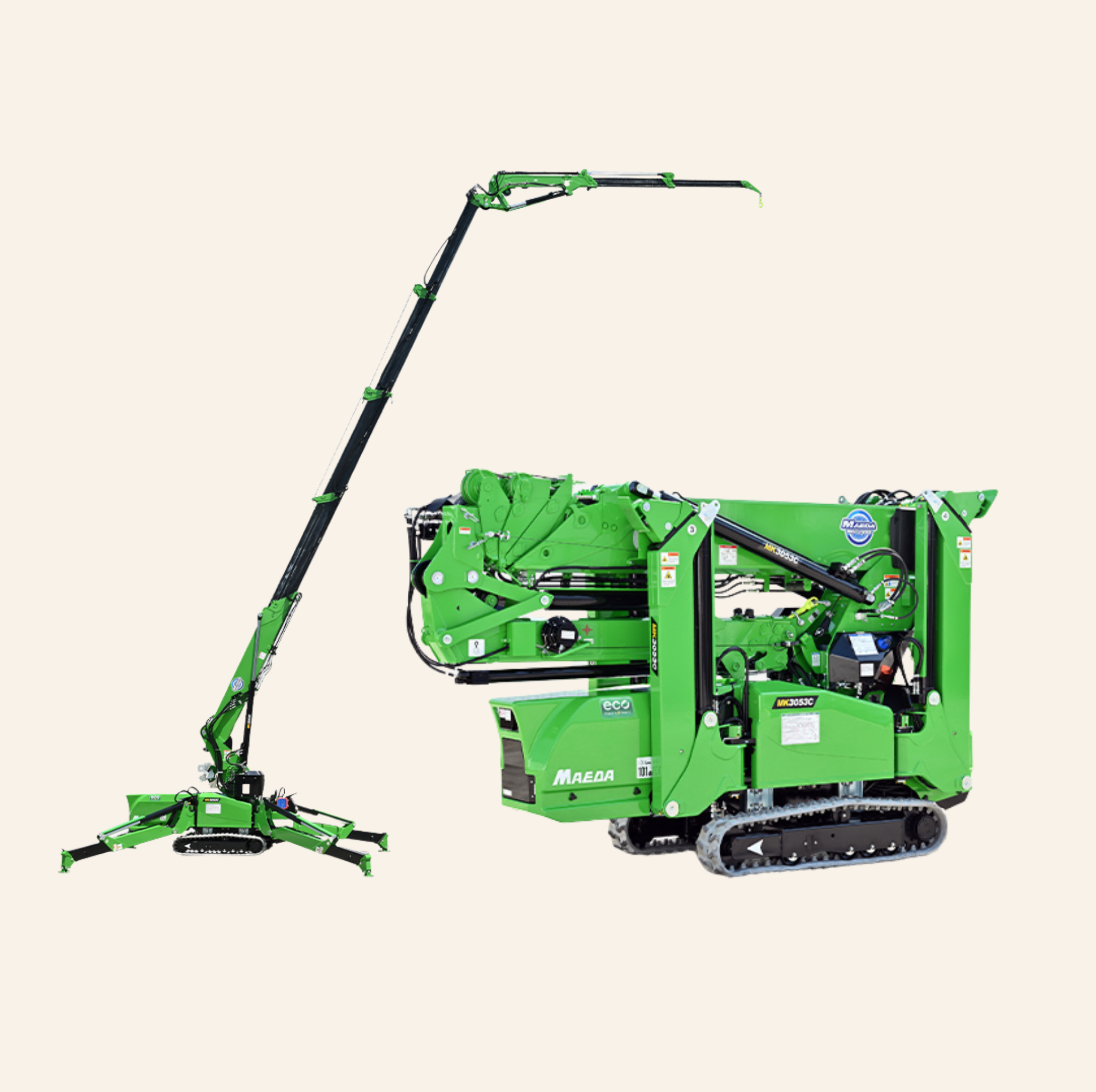 Green compact forestry mulching machine with tracked base and extendable arm against a plain background.