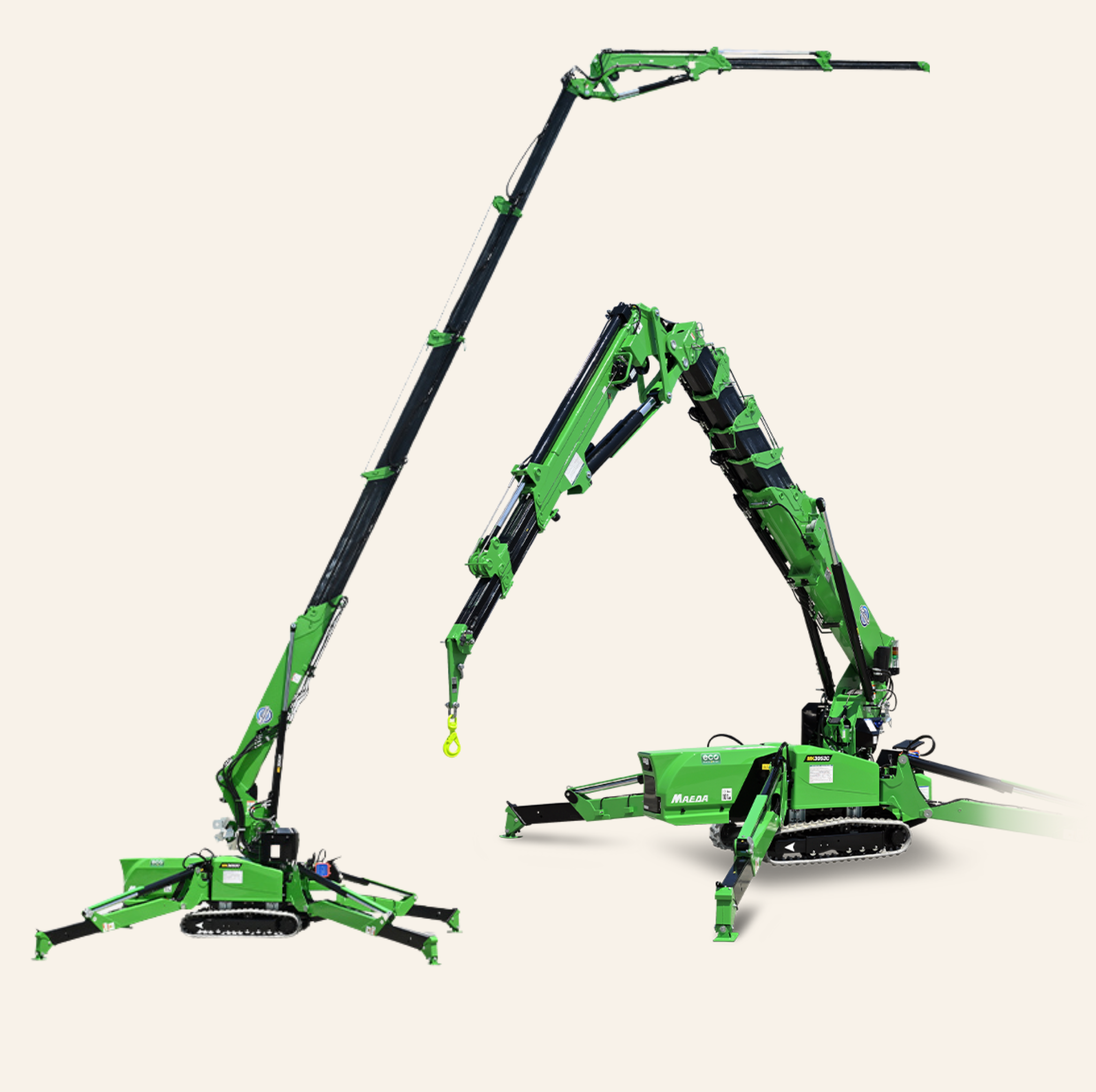 Green articulated robots with tracked bases, extending arms, and hydraulic components, used for industrial or construction purposes.