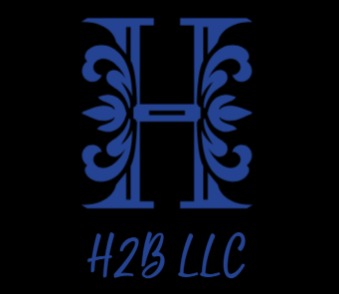 A stylized letter 'H' with floral design elements on a black background, and the text 'H2B LLC' written below in blue.
