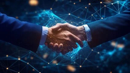 Two people shaking hands with a digital network background.