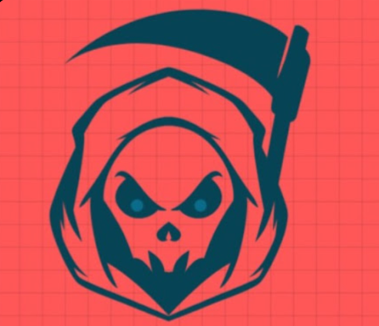 Graphic of a skull with a hood, holding a scythe, on a red grid background.