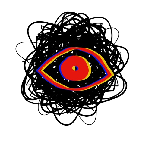 Abstract illustration featuring a stylized eye with a colorful outline and a scribbled black circle surrounding it.
