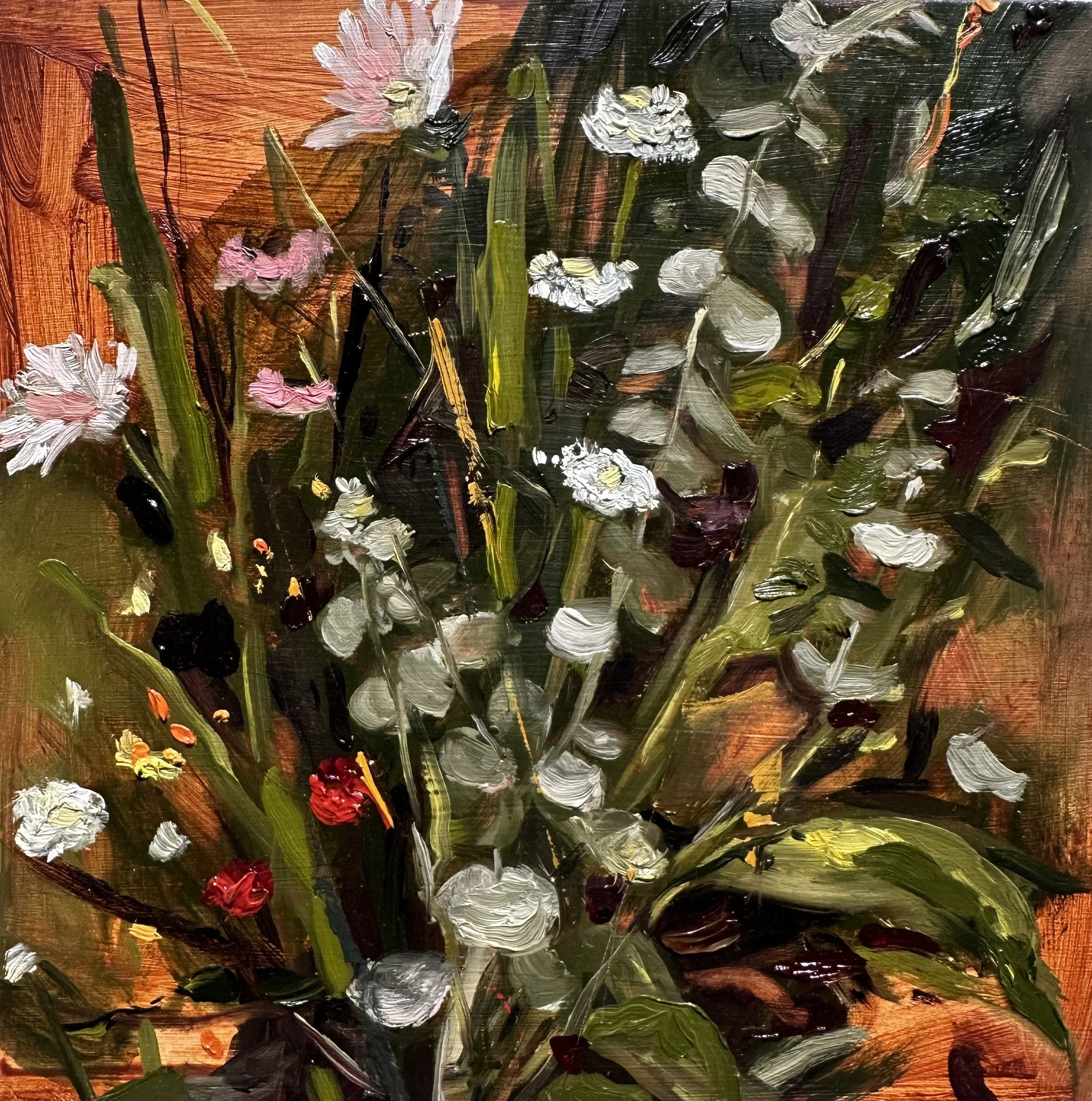 Abstract painting with bold, expressive brushstrokes featuring white, pink, red, black, yellow, and green colors, creating a textured floral scene.