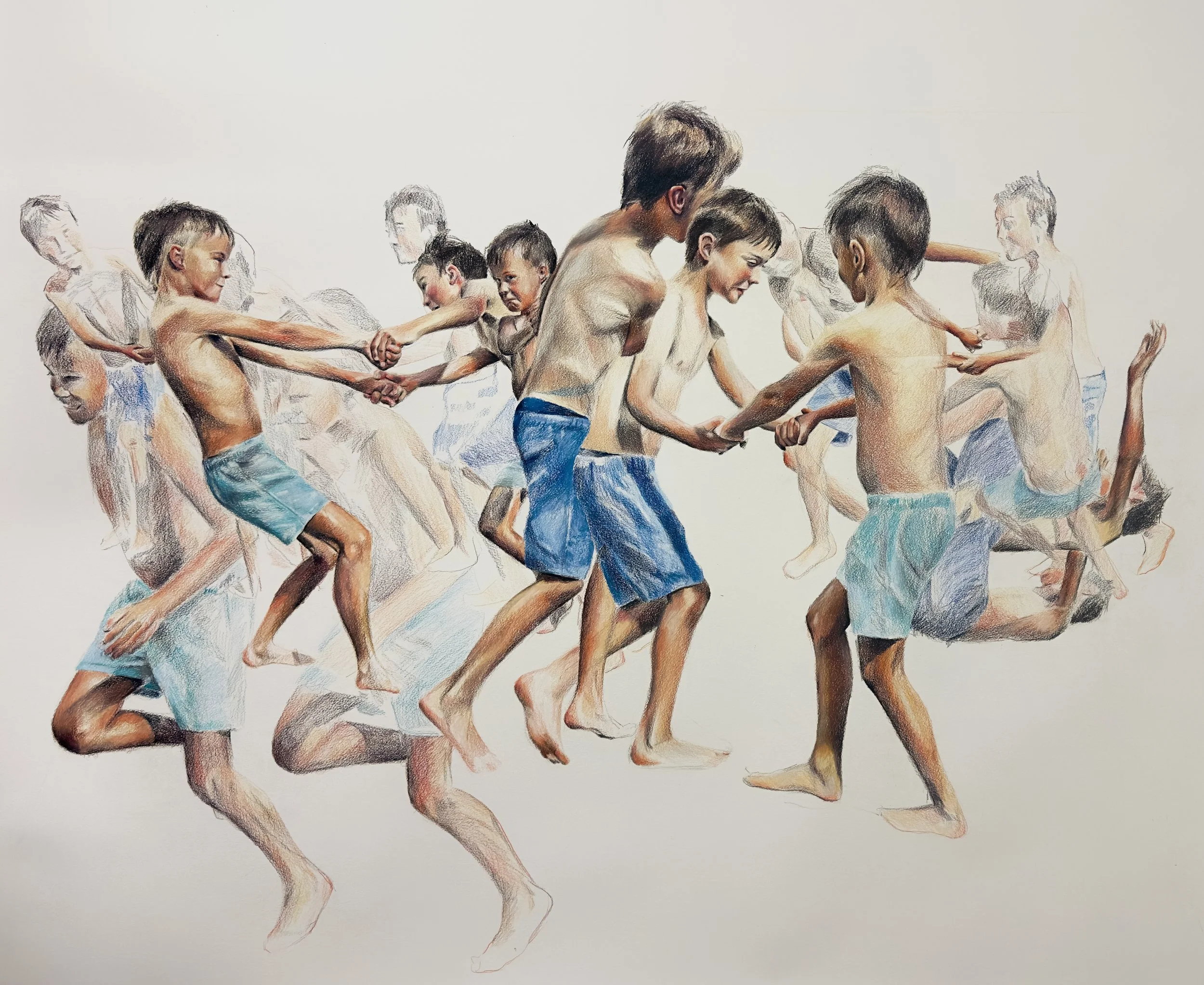 Drawing of kids playing tug of war, wearing swim shorts, on a white background.