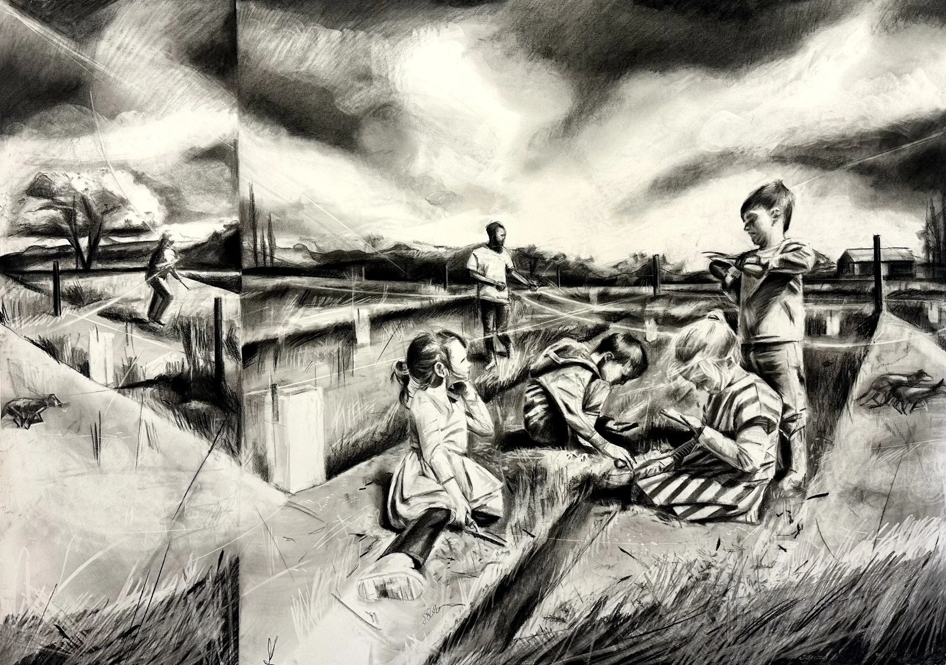 A group of children playing on a grassy field with some trees and a cloudy sky in the background. One child is skating, while others are sitting or standing, engaging with phones or talking.