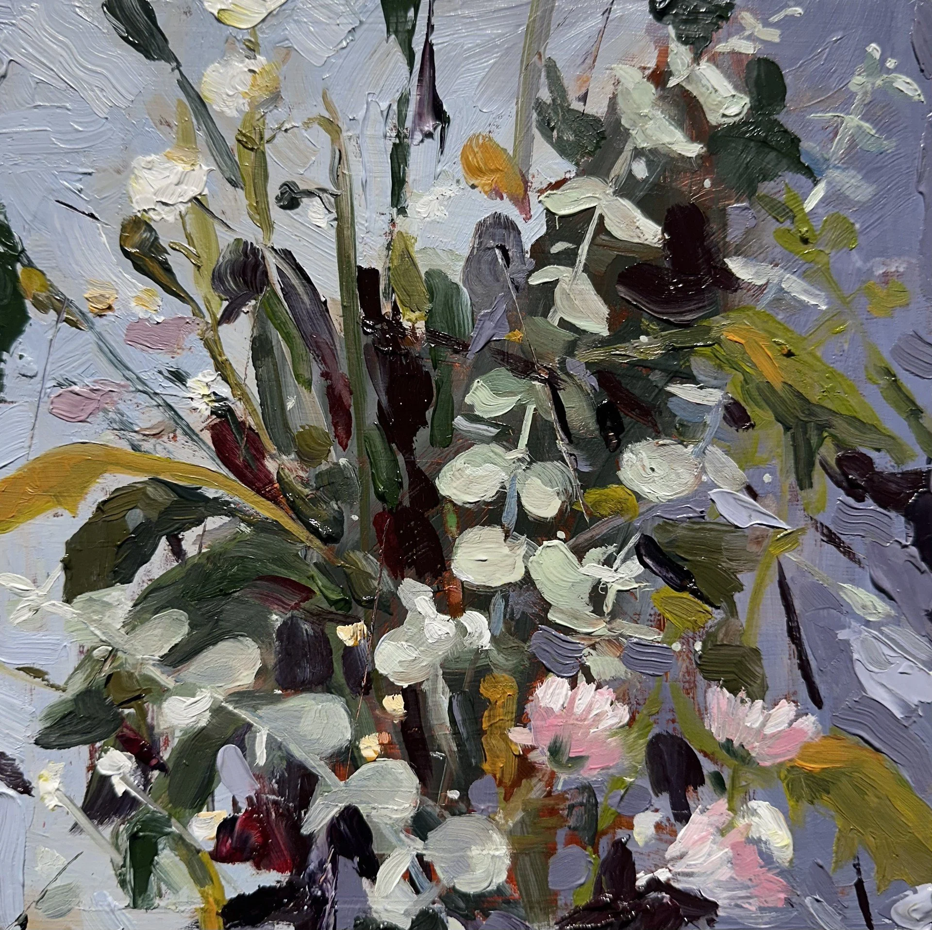 Close-up of an impressionist-style oil painting depicting a bouquet of white, pink, purple, and orange flowers with green leaves and stems on a muted background.