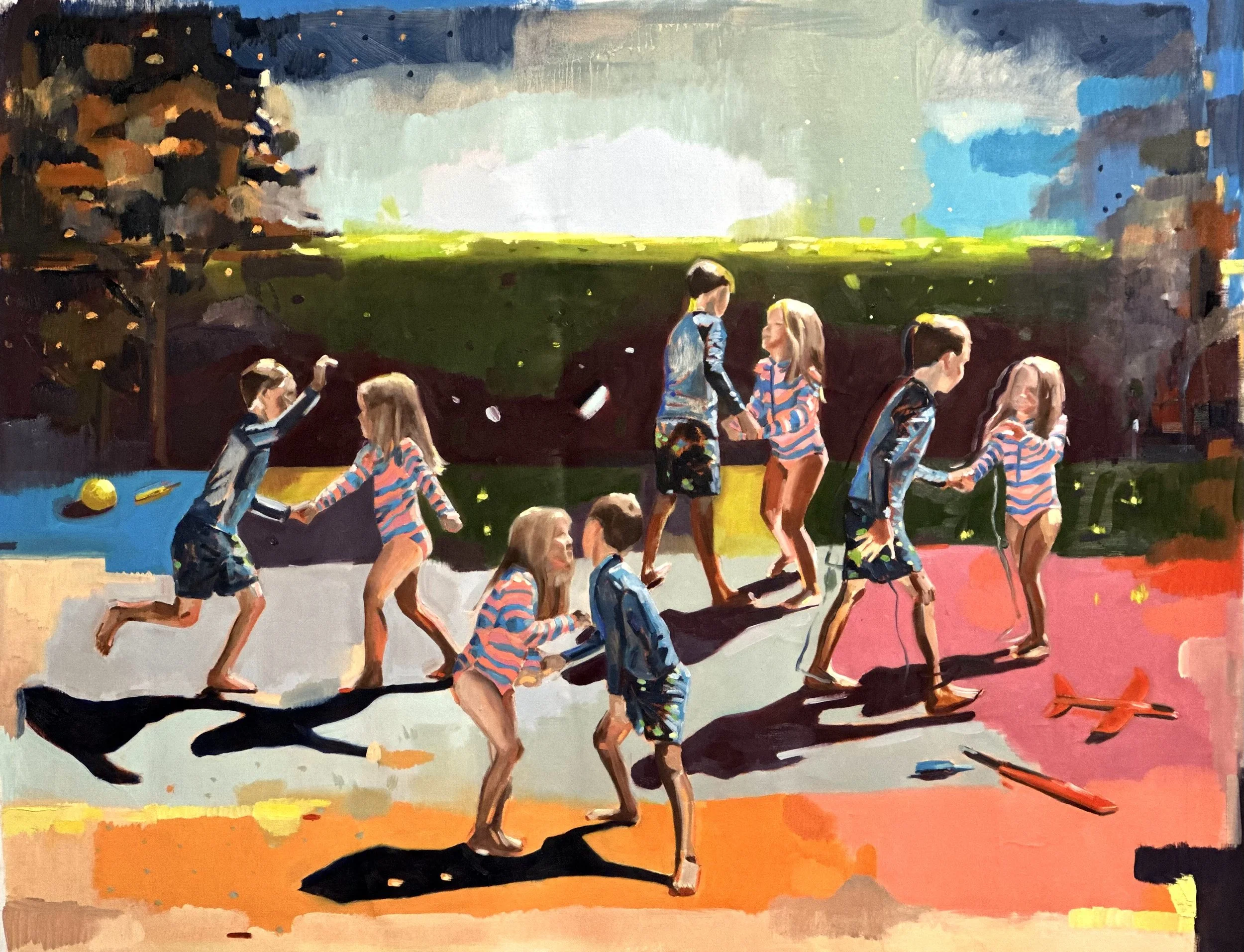 A colorful painting of children playing outside with some jumping and others holding hands, under a sky with clouds and trees in the background.