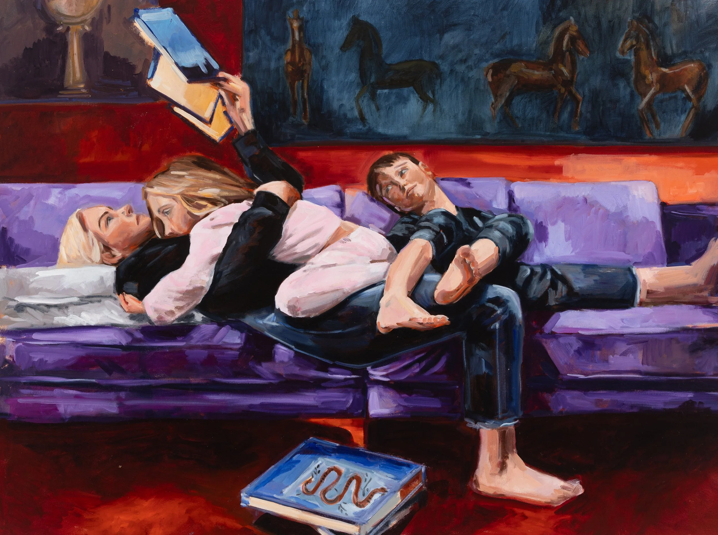 Painting of three people lying on a purple sofa, one reading a book, and the other two watching, with a background of horse paintings and a JCS book on the floor.