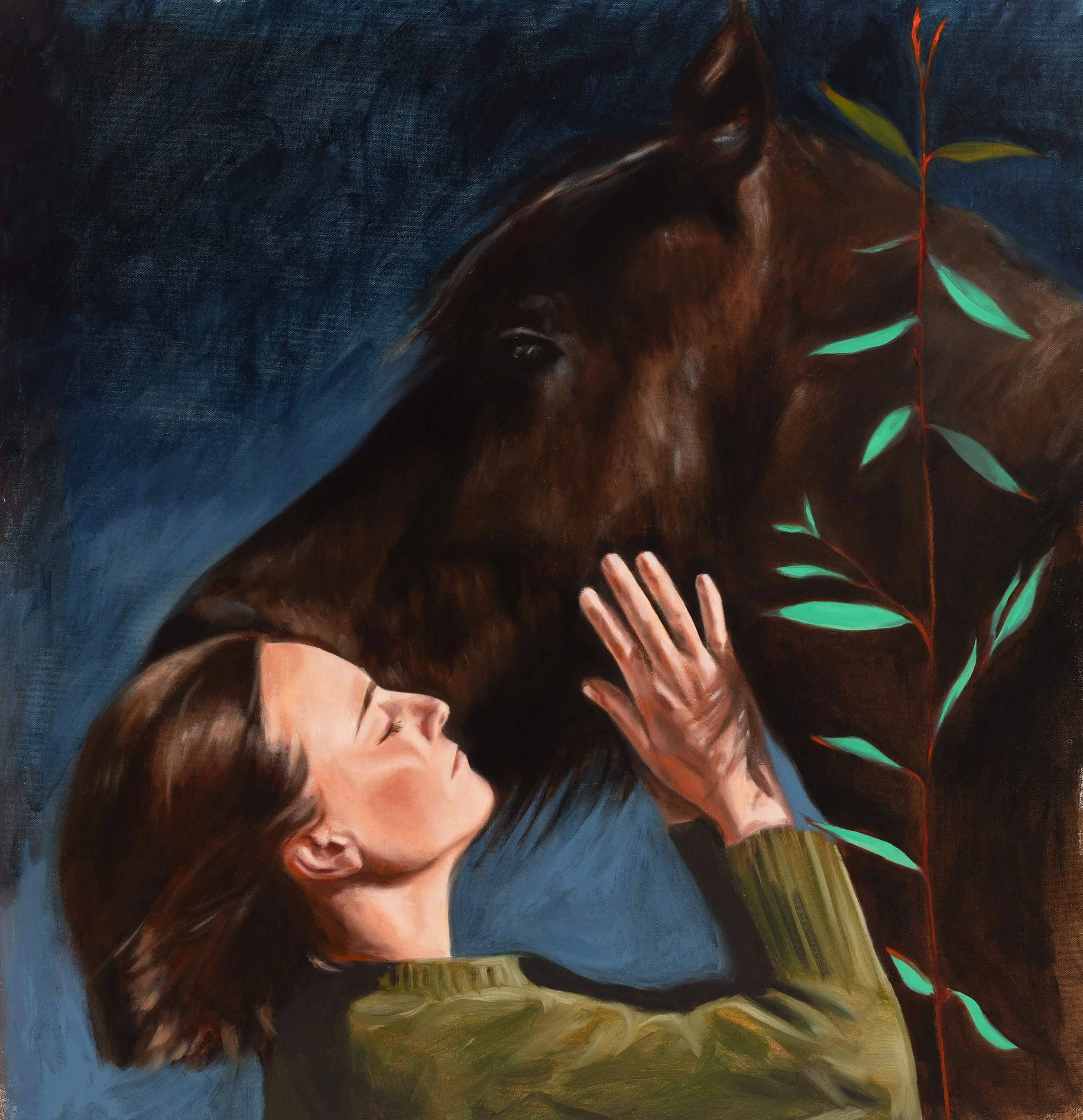 A painting of a woman with long brown hair, eyes closed, touching the face of a large brown horse with her right hand, and the horse's head is close to her face. There is a tall plant with green leaves and red stems in front of the horse.