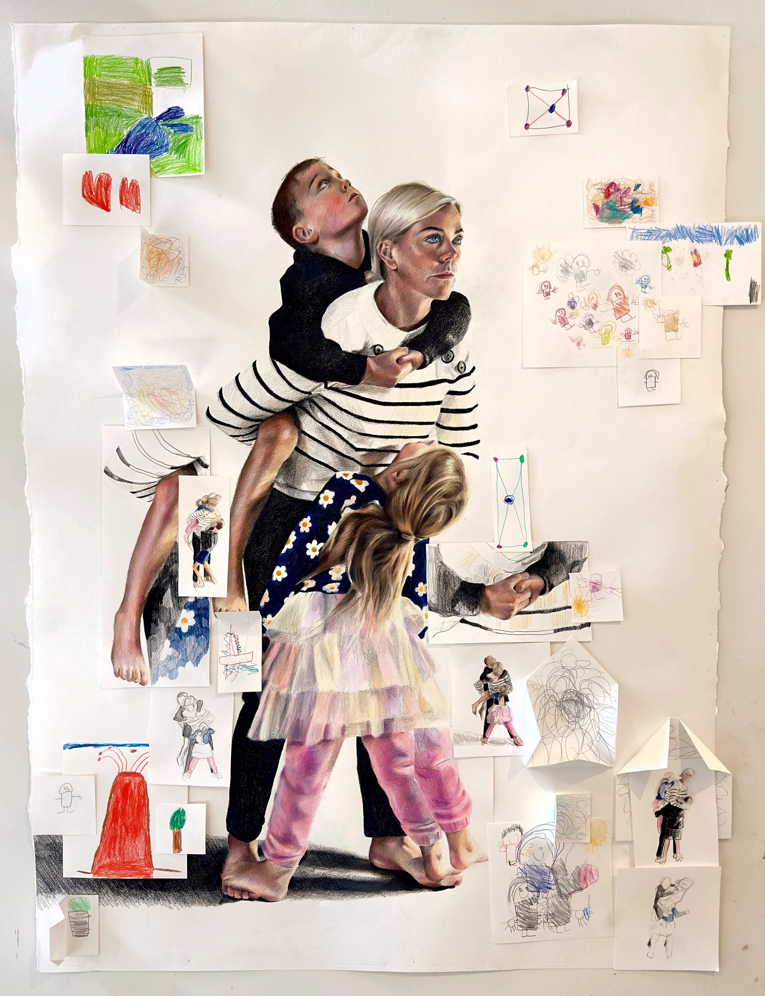A mixed media artwork combining a realistic painting and children's drawings depicts a woman carrying two children, with drawings attached to the wall around them.