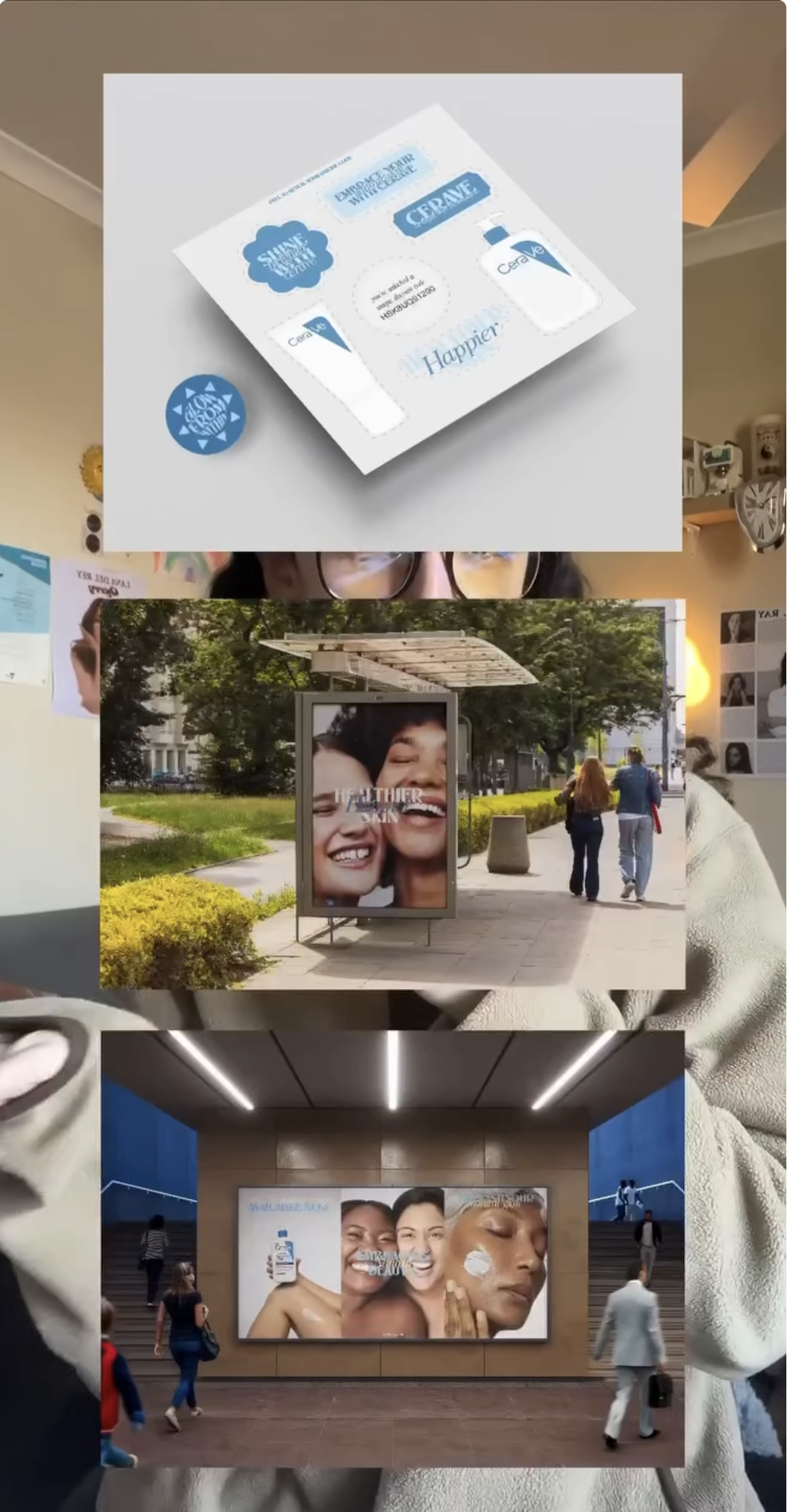 Collage of three images: top shows CeraVe skincare product packaging, middle shows outdoor billboard with smiling faces, bottom shows indoor advertisement with diverse women applying skincare and smiling.