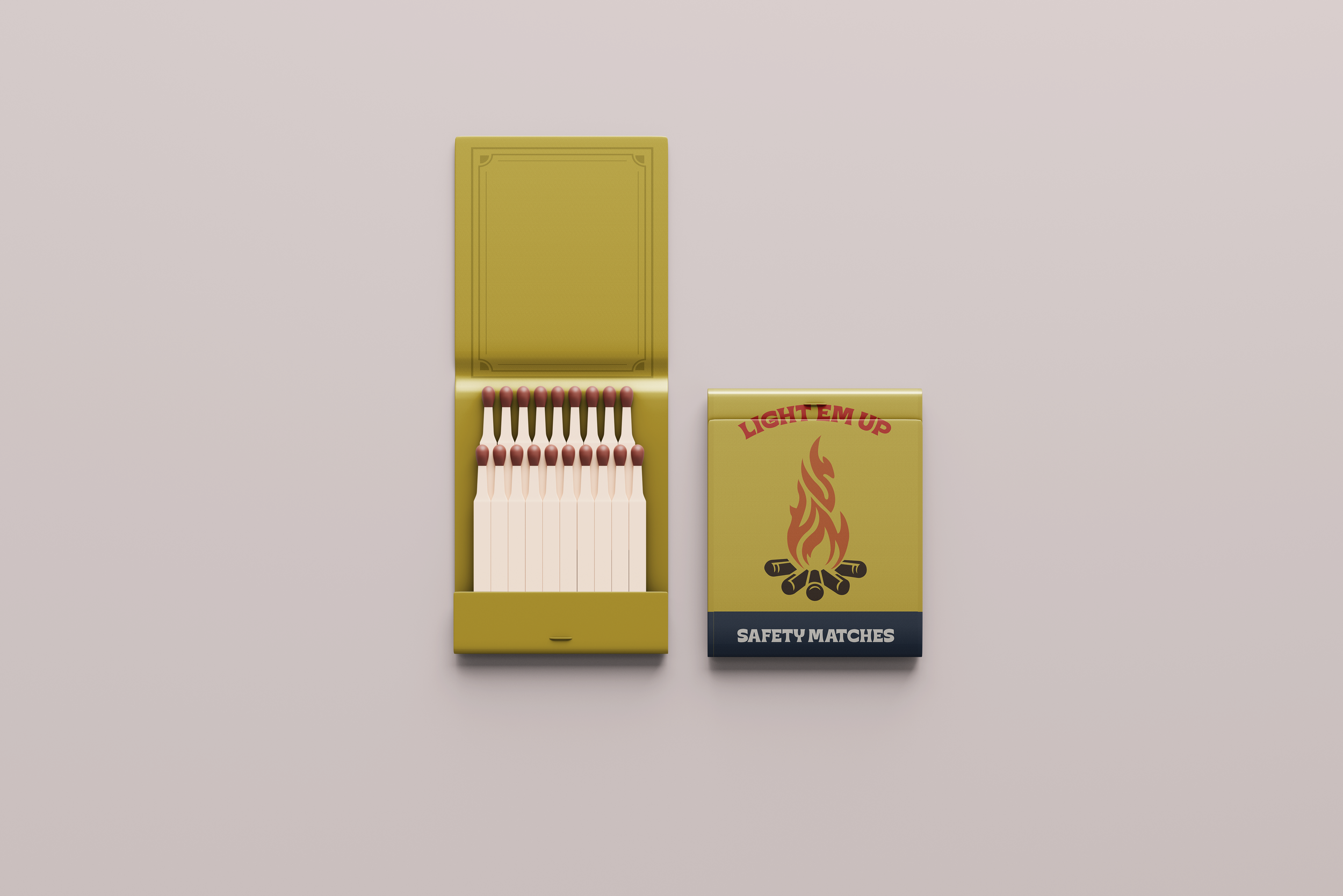 A yellow box of safety matches with a lid open, showing matchsticks inside, next to a yellow box of safety matches with a flame and campfire graphic on the front.
