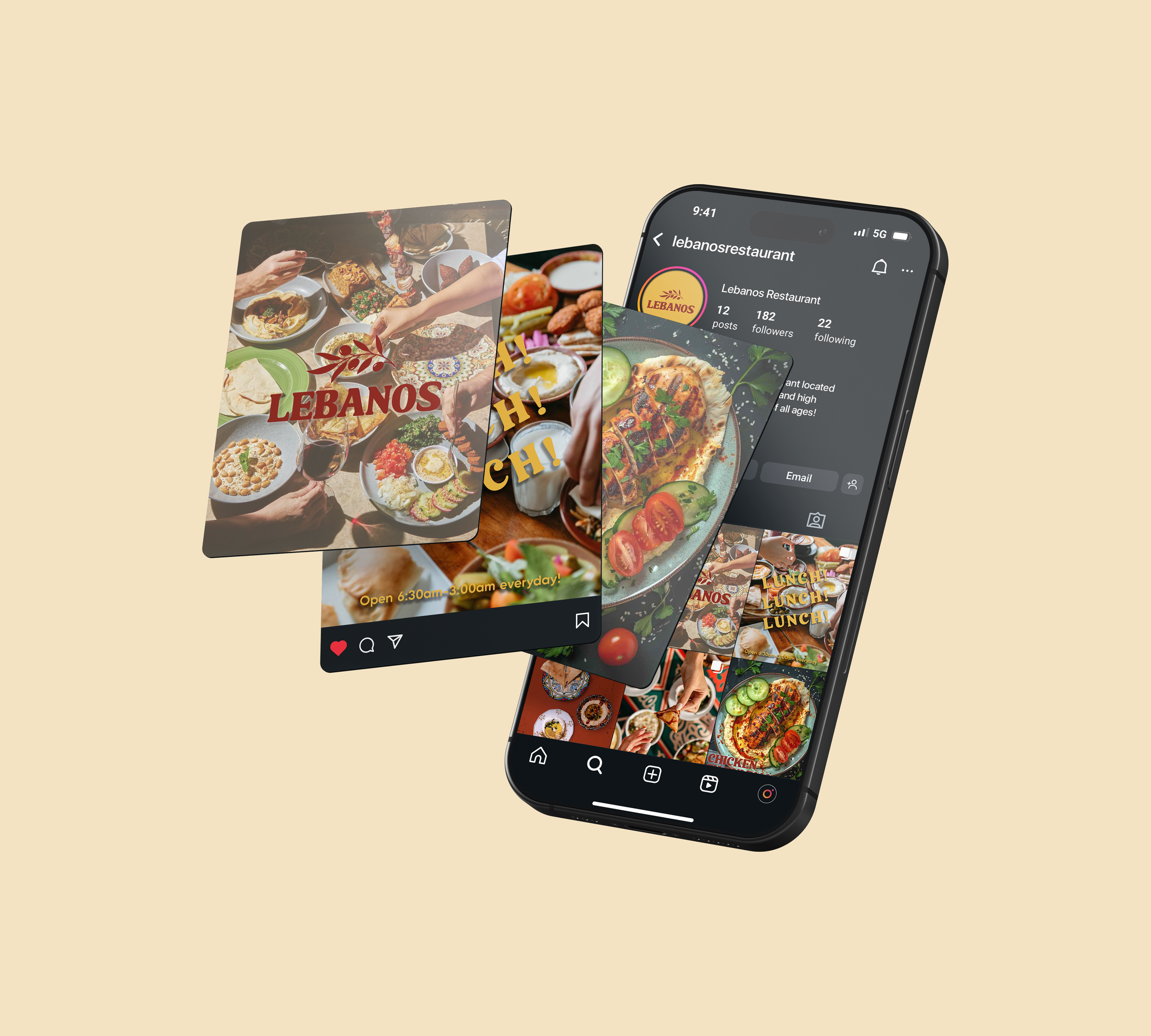 Sample social media posts featuring Lebanese food dishes and restaurant information on a smartphone screen.