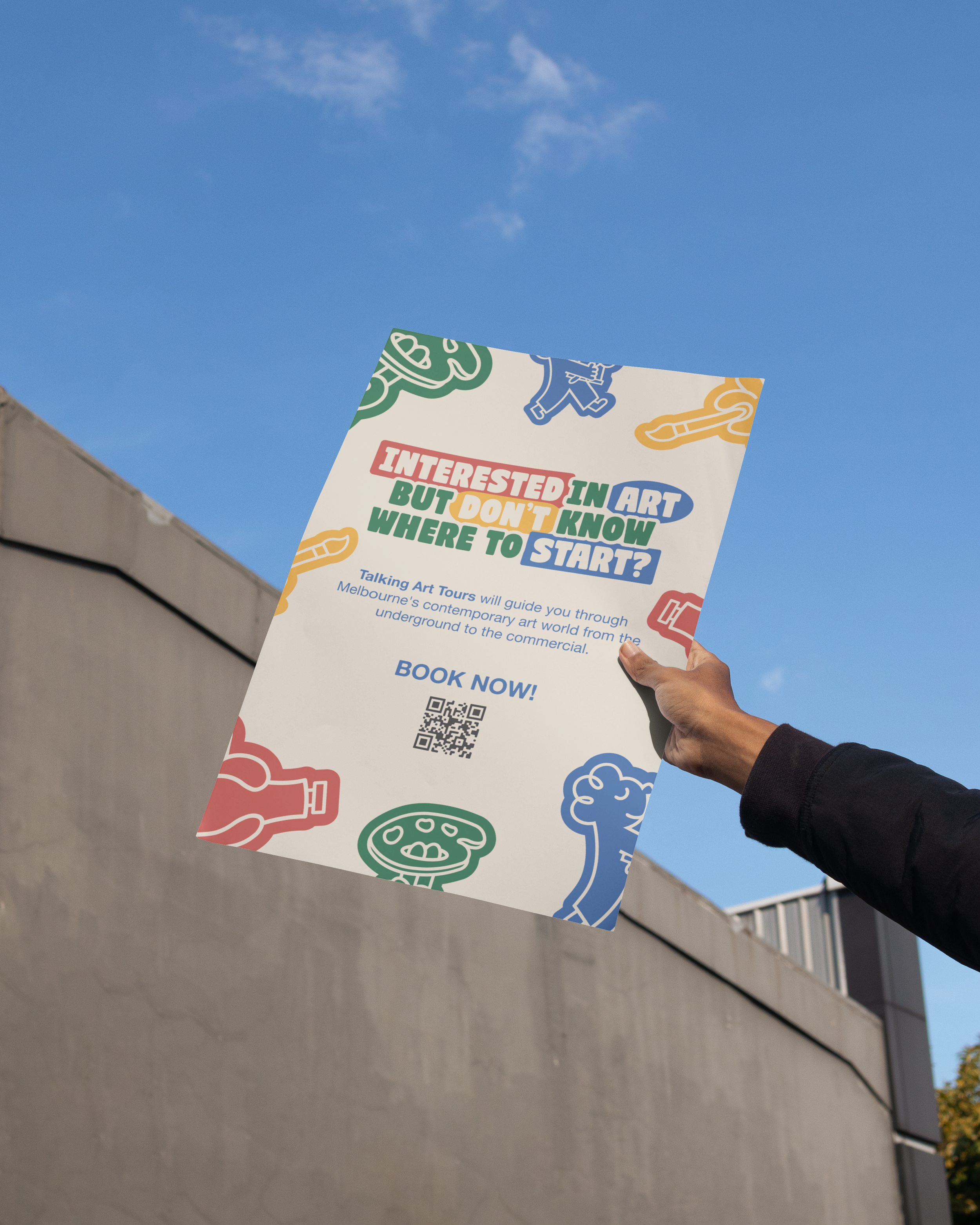 Flyer for Talking Art Tours in Melbourne, with colorful illustrations of art supplies and the text 'Interested in Art but don't know where to start? Book now!'