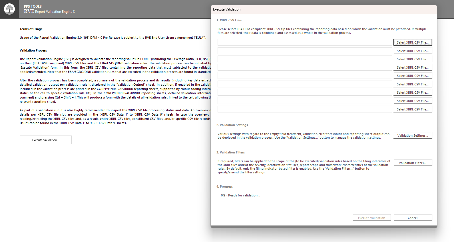 Screenshot of the PPS Tools RVE Report Validation Engine 3 interface, showing a window for executing validation with options to select CSV files, validation settings, filters, and progress, along with instructions and a button to execute validation.