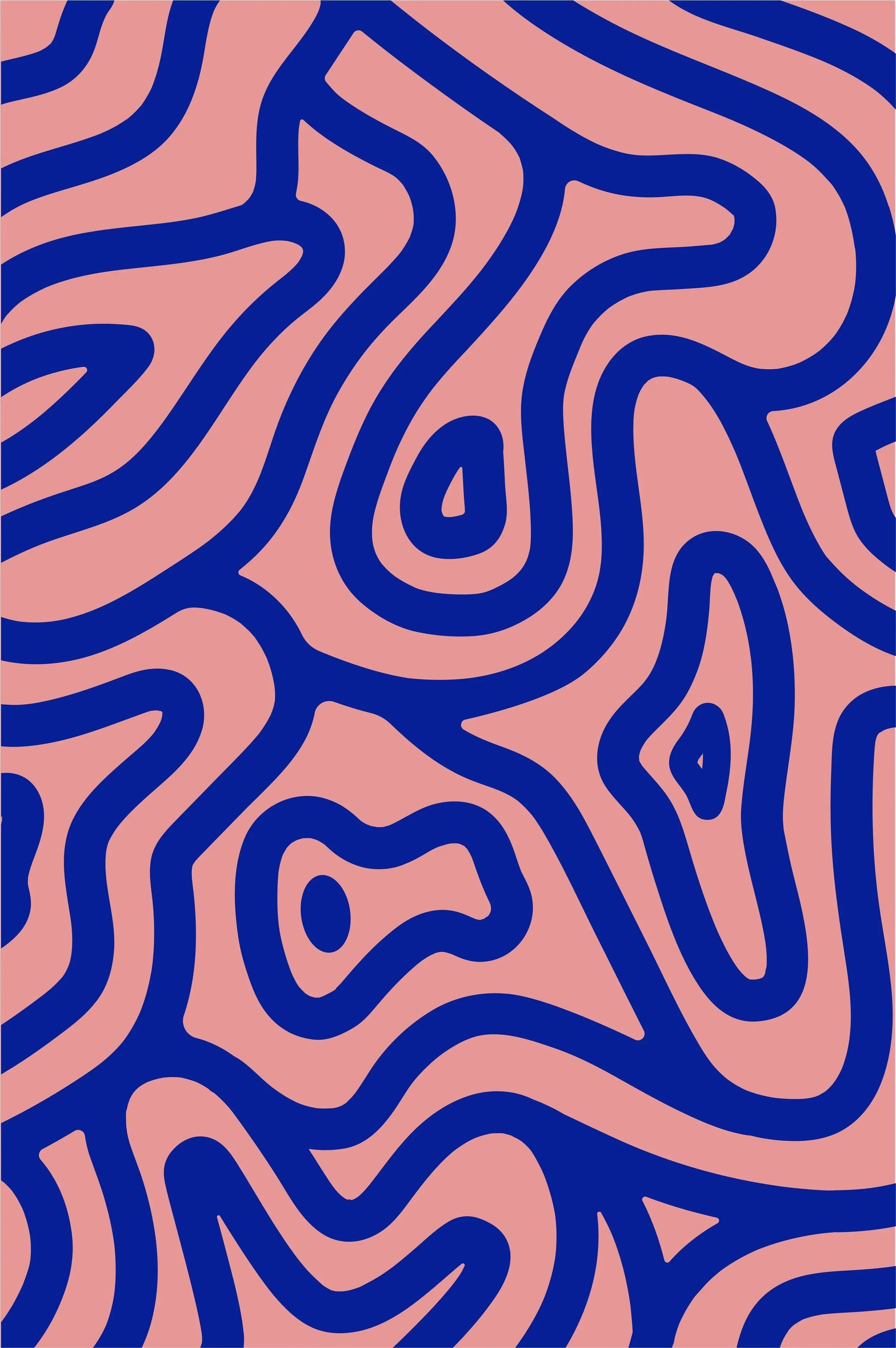 Abstract pattern with pink background and irregular dark blue lines creating organic shapes.