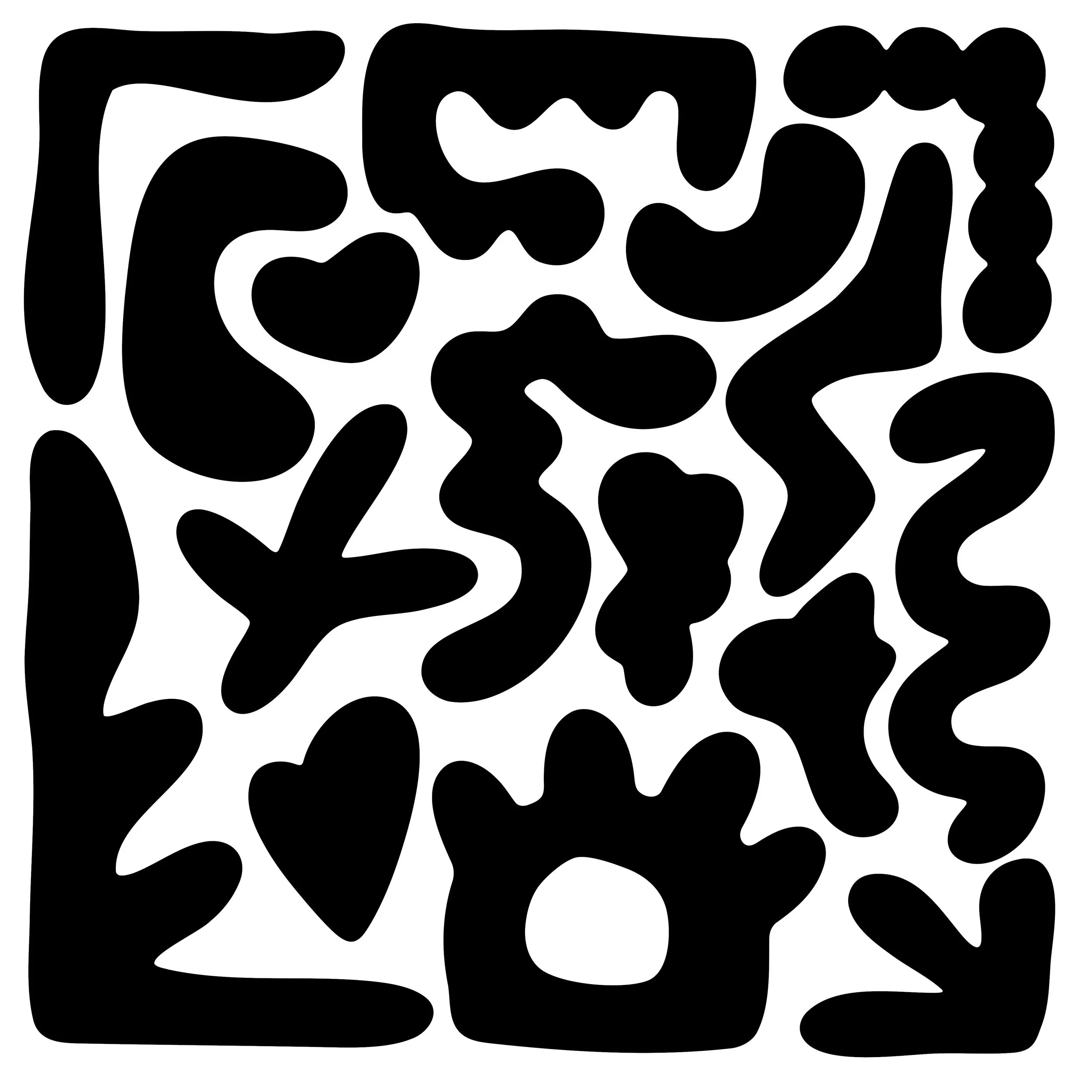 An abstract black and white pattern with irregular, rounded shapes and lines.