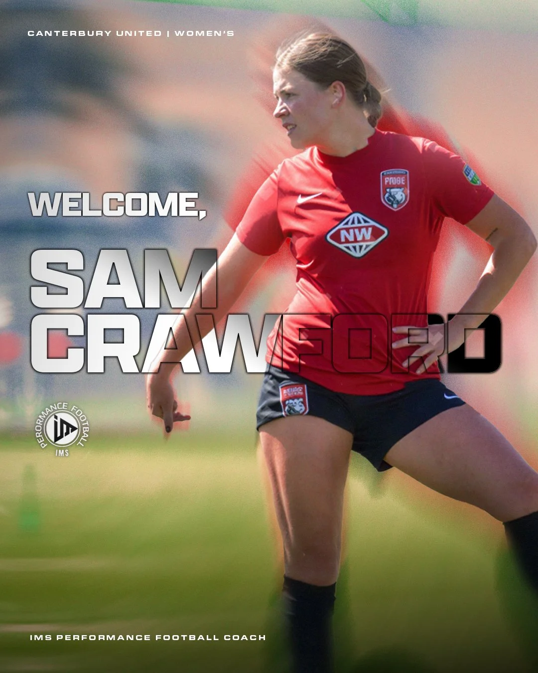 A female football player in a red Canterbury United Women’s shirt standing on a football field. The text on the image reads 'Welcome, Sam Crawford 2020' and includes logos for Canterbury United, IMS Performance Football, and Nike.