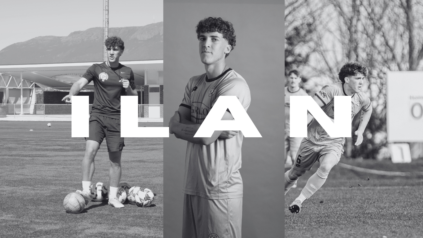 Three black-and-white photos of young men involved in soccer activities: one standing on a field with soccer balls, another posing indoors in a soccer uniform, and the third in mid-action on the field, with the word 'ILAN' overlaid.