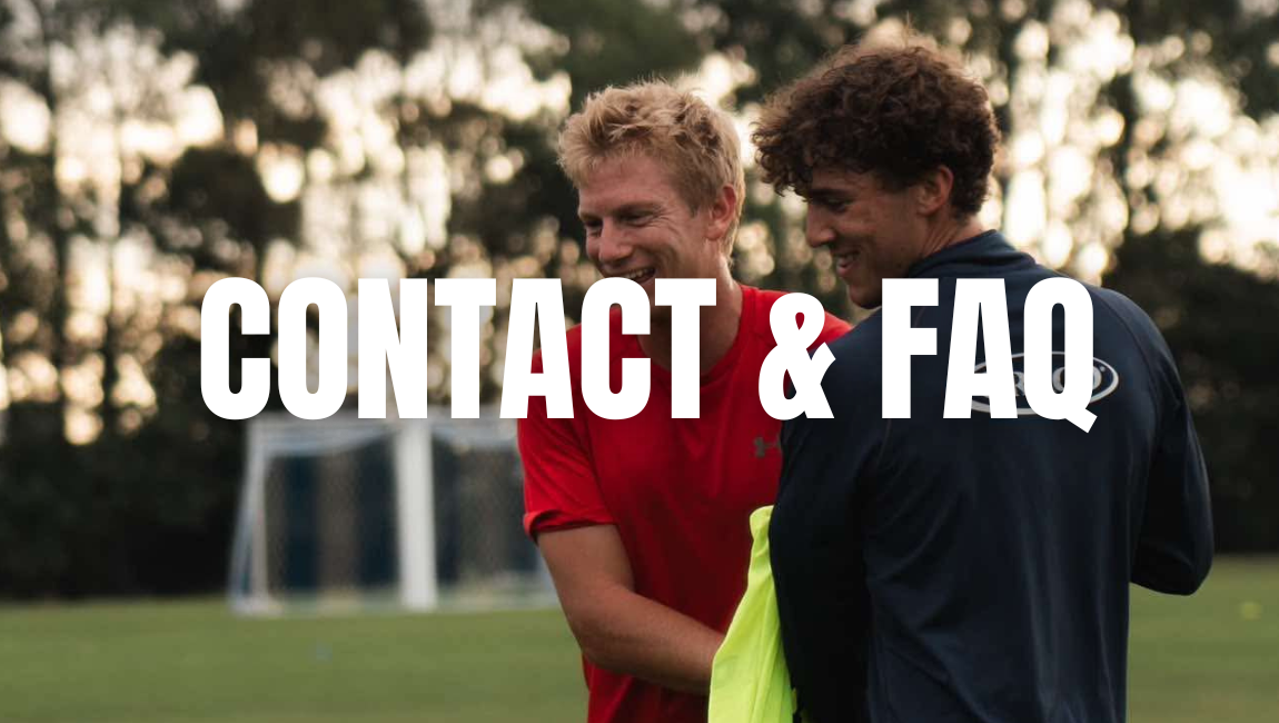 Two teenage boys smiling and talking on a soccer field with trees in the background, overlaid with the text "CONTACT & FAQ".