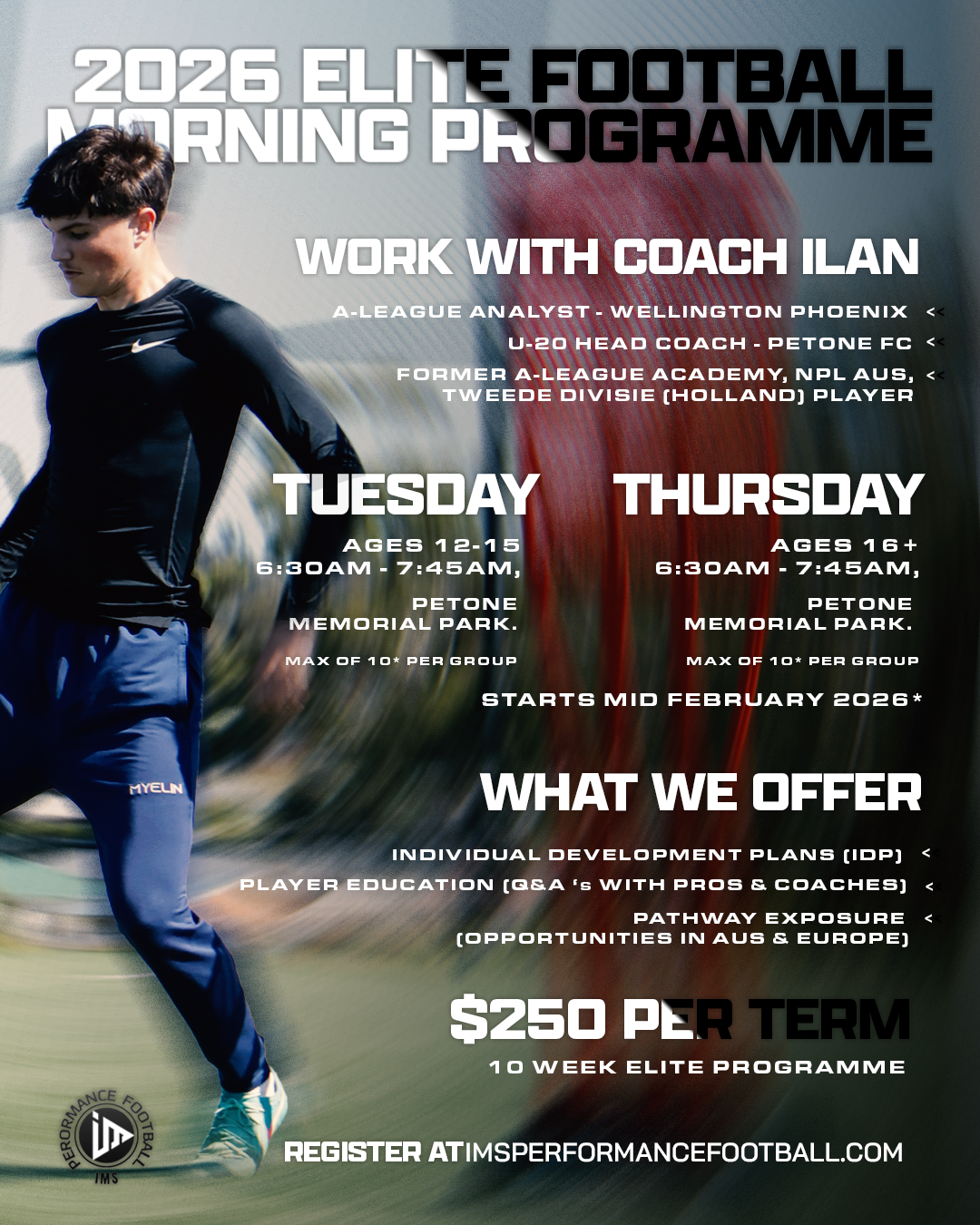 Poster advertising the 2026 Elite Football Morning Program, featuring a young athlete in black athletic wear, with information about coaching, schedule, offerings, cost, and registration details.