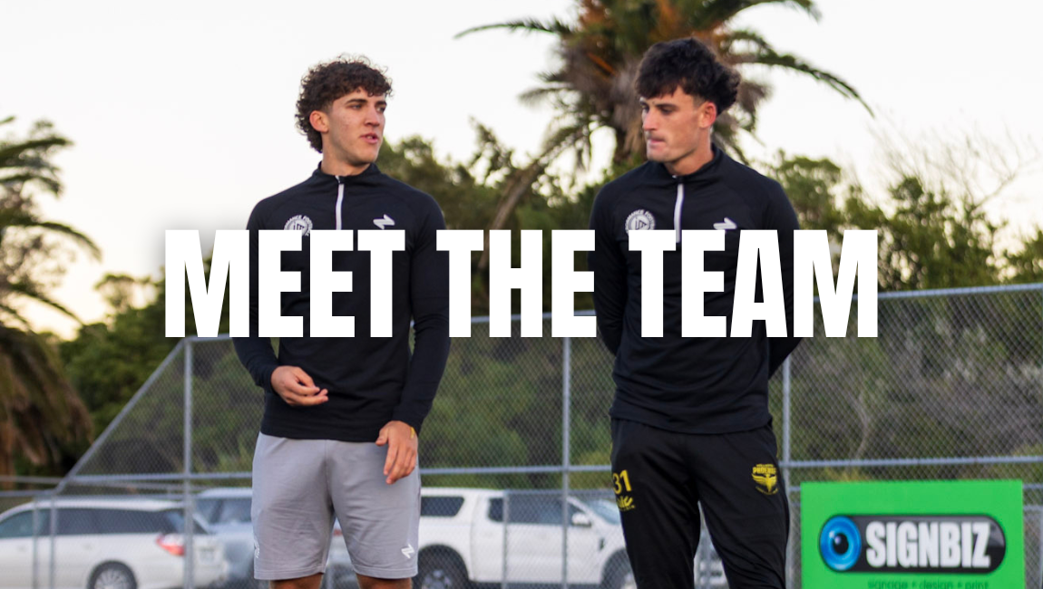 Two young men standing outdoors on a sports field, facing each other with the text 'Meet the Team' overlayed.