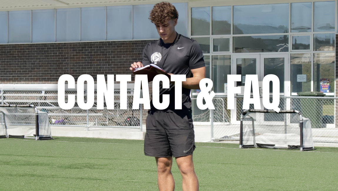 Young man in black athletic clothing standing on a sports field, reading a notebook, with a large "CONTACT & FAQ" text overlay.