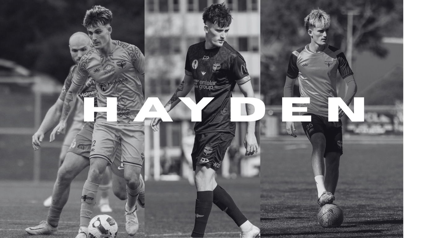 Black and white photo of young male soccer players on the field during a game, with the name 'Hayden' overlaid.