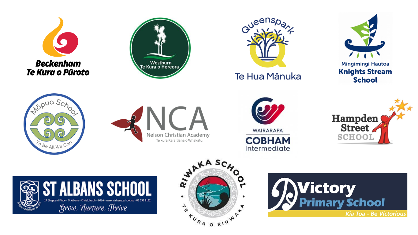 Collection of logos for various schools, including Beckenham, Westburn, Queenspark, Mingimingi Hautoa Knights Stream School, Mōrupa School, Nelson Christian Academy, Wairarapa Cobham Intermediate, Hampden Street School, St Albans School, Riwaka School, and Victory Primary School.
