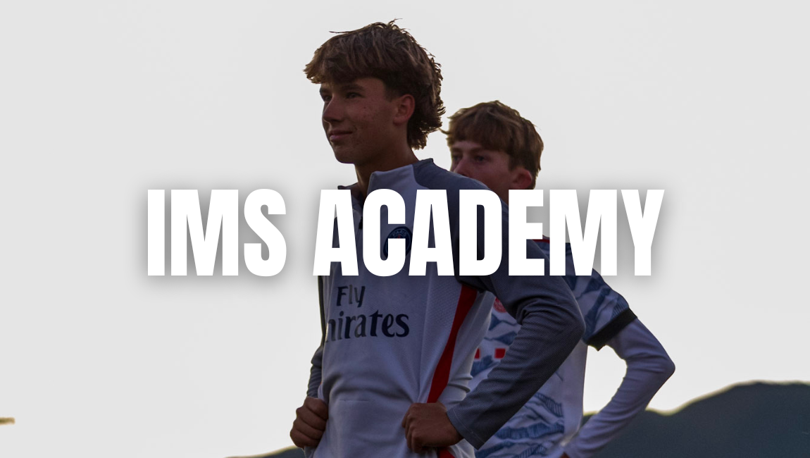 Two young boys in sports jerseys standing outdoors during sunset or sunrise, with large white text reading 'IMS ACADEMY' over the image.
