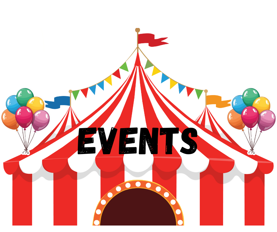 Illustration of a red and white striped circus tent with colorful balloons on each side, flags, and a red banner at the top, with the word "EVENTS" in black letters.