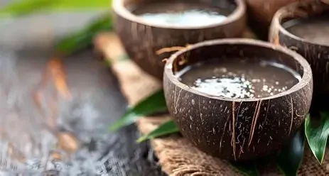 Three coconut shell cups filled with water placed on a rustic wooden surface with leaves in the background.