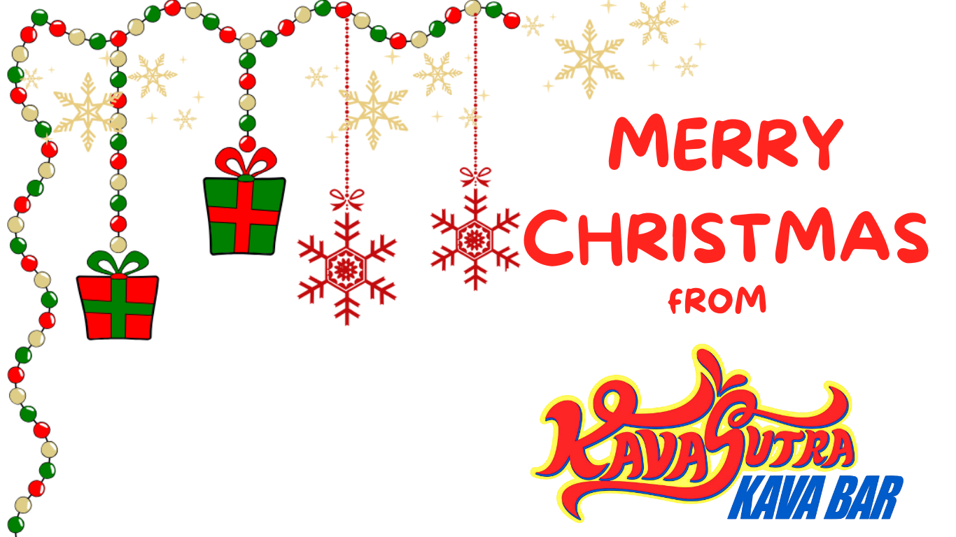 Christmas-themed graphic with hanging ornaments, gift boxes, and snowflakes. Red, green, cream, and gold colors. Text reads 'Merry Christmas from Kava Sura Kava Bar'.
