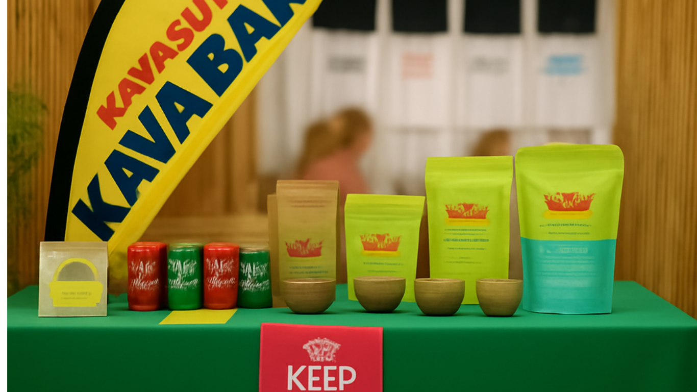Display of Pachamama products including colorful containers and pouches, with a yellow and black flag reading 'KAYAYASU KAVA BAY' in the background, against a wooden wall.