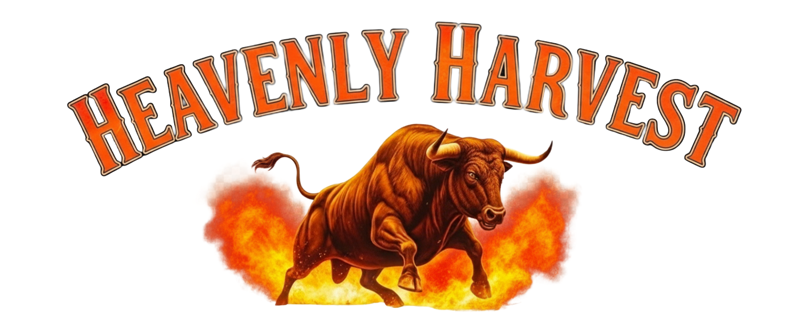 Illustration of a charging bull with flames and smoke in the background, with the words 'Heavenly Harvest' curved above.