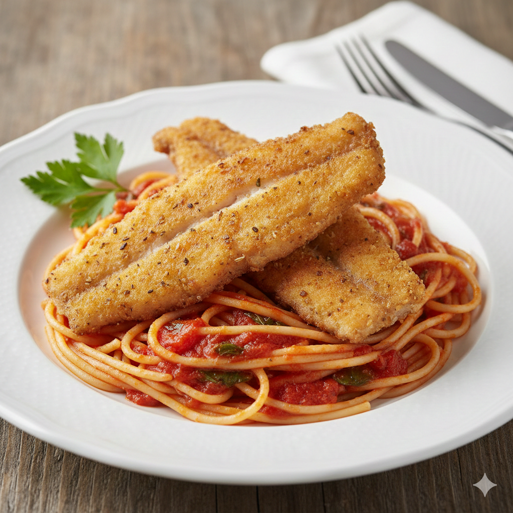 Fish & spaghetti dinner on a white plate