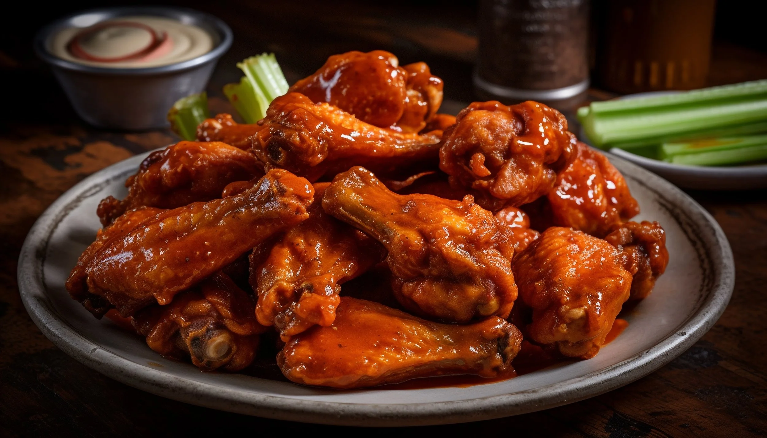 Plate of buffalo chicken wings with celery sticks, ranch dressing, salt and pepper shakers in the background.
