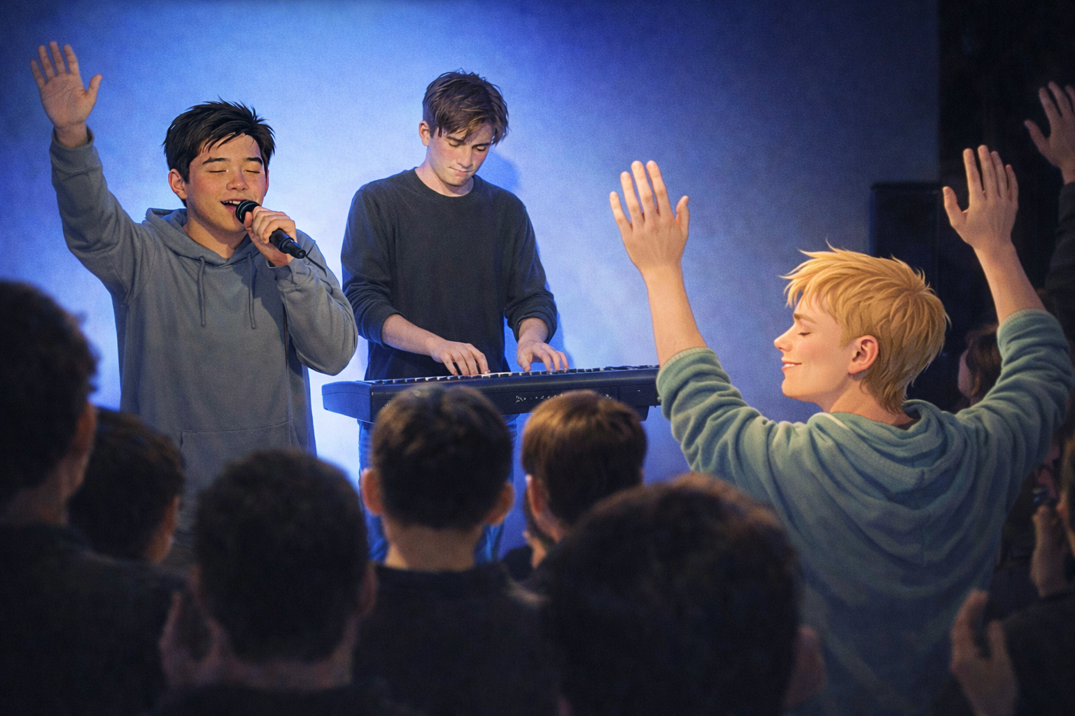 Young man with dark hair singing into a microphone, next to a young man playing keyboard, in front of a small audience with one person raising their hand, in a dimly lit room. Looks to be a youth worship service in the Adelaide Hills.