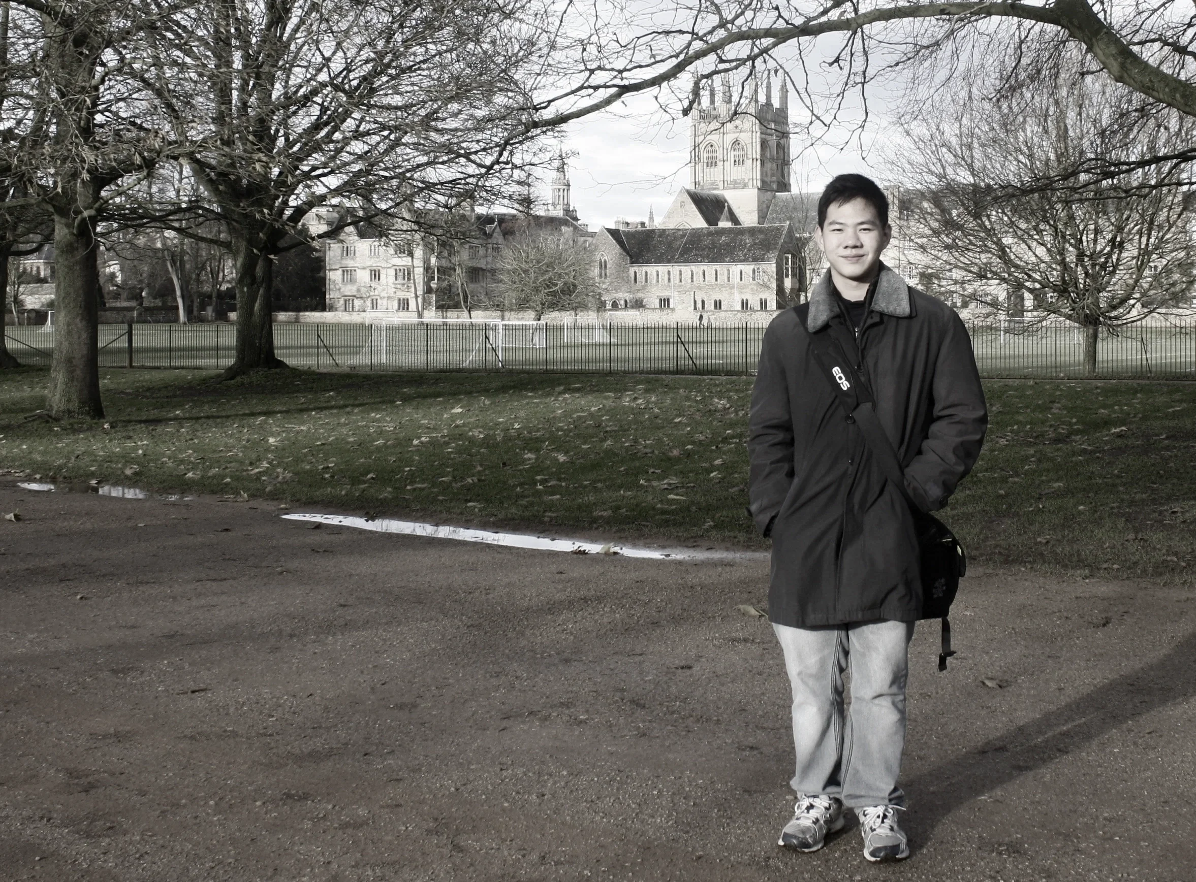 Joel Chan, one of vssls worship's co-founders, photographed outside a historic university building after an admissions interview.