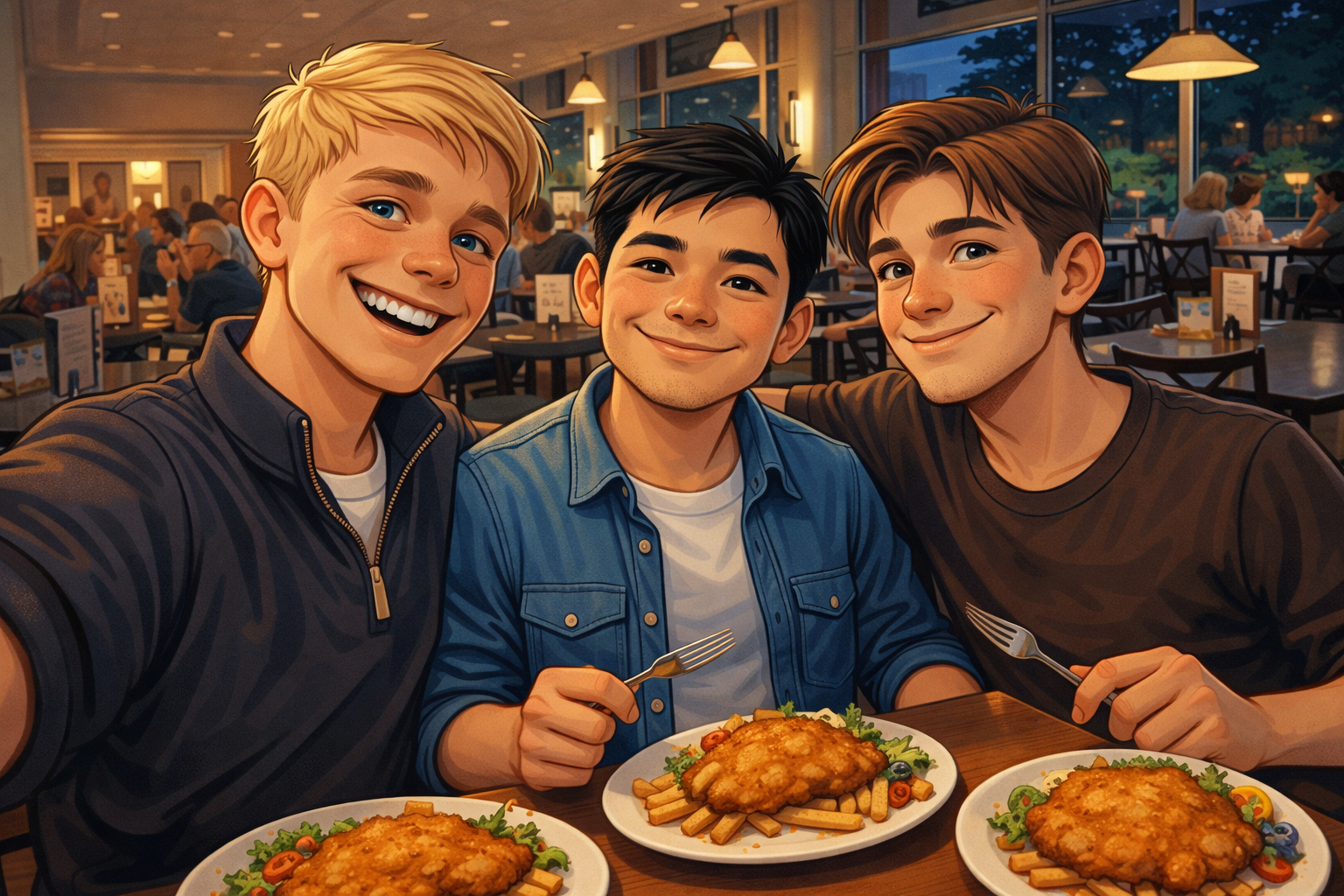 Three young friends smiling and taking a selfie while sitting at a restaurant table with plates of fried chicken (schnitzel) and salad. Oak and Iron Tavern in Mount Barker SA. It looks to be dark outside and a busy restaurant.