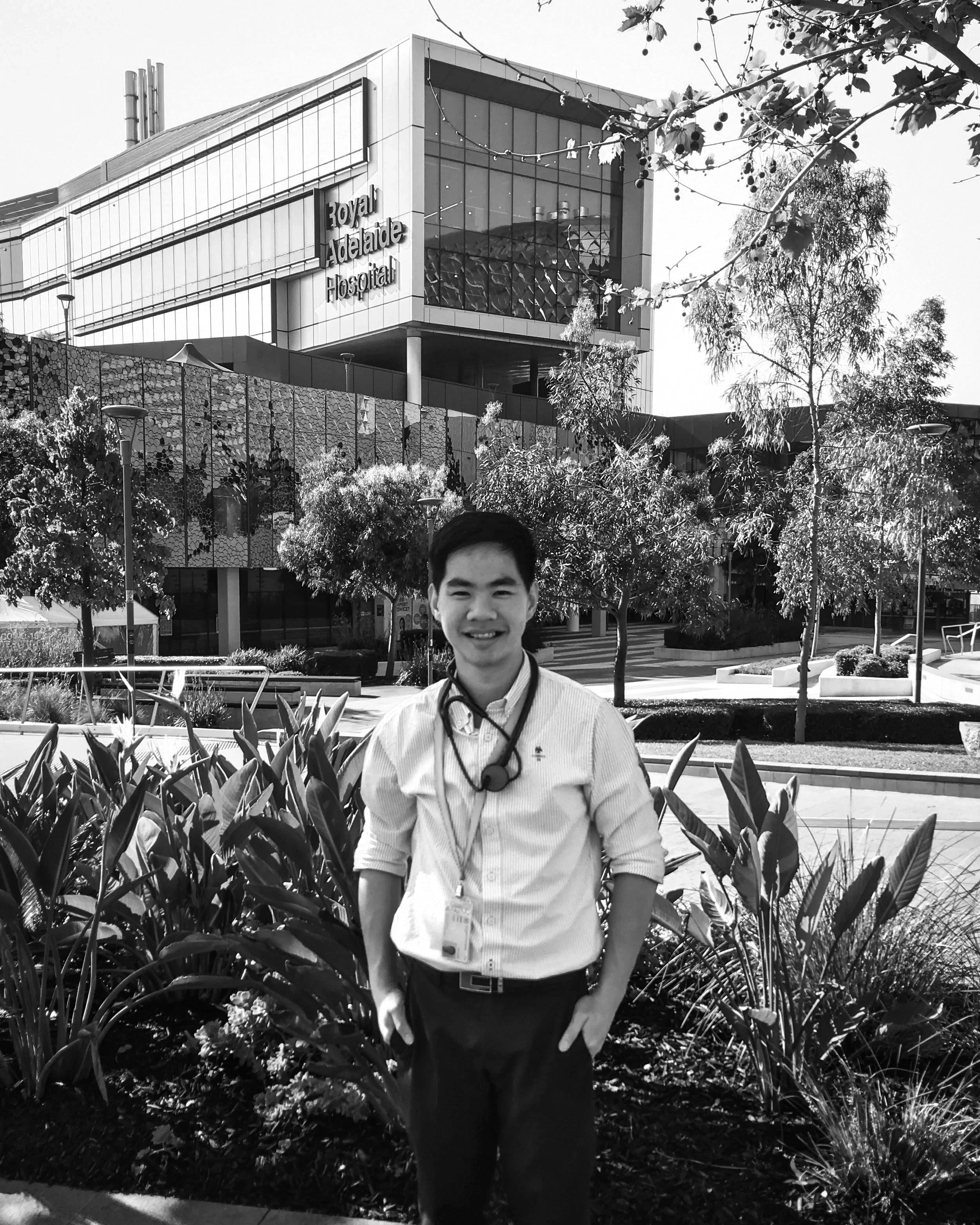 Joel Chan outside the Royal Adelaide Hospital when he graduated medical school in 2020.