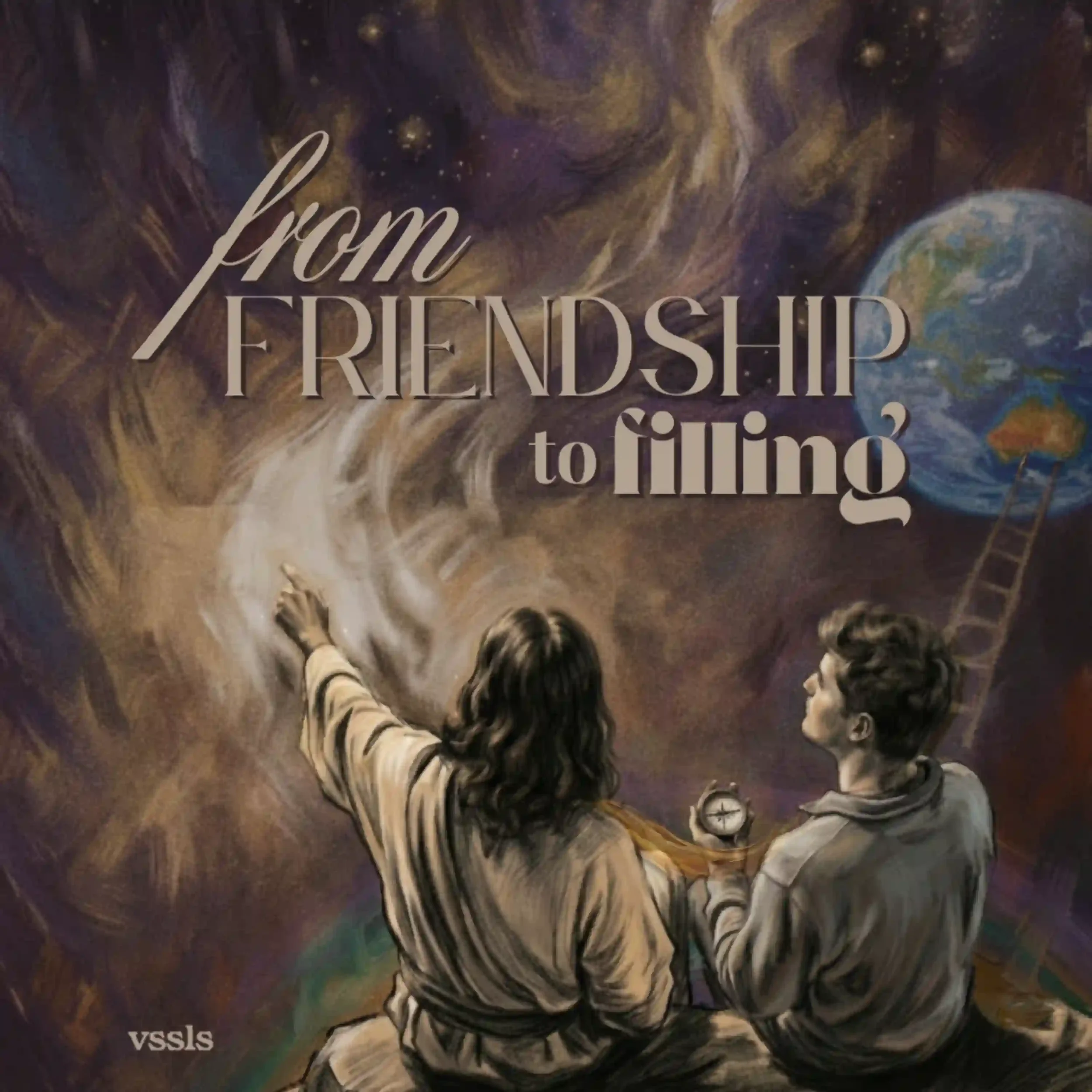 Depicted image of Luke, with a compass in hand, sitting next to Jesus, having ascended a wooden ladder from earth. Oil flows from Jesus to Luke as he sits with him. The cover art of vssls' debut EP: from friendship to filling.